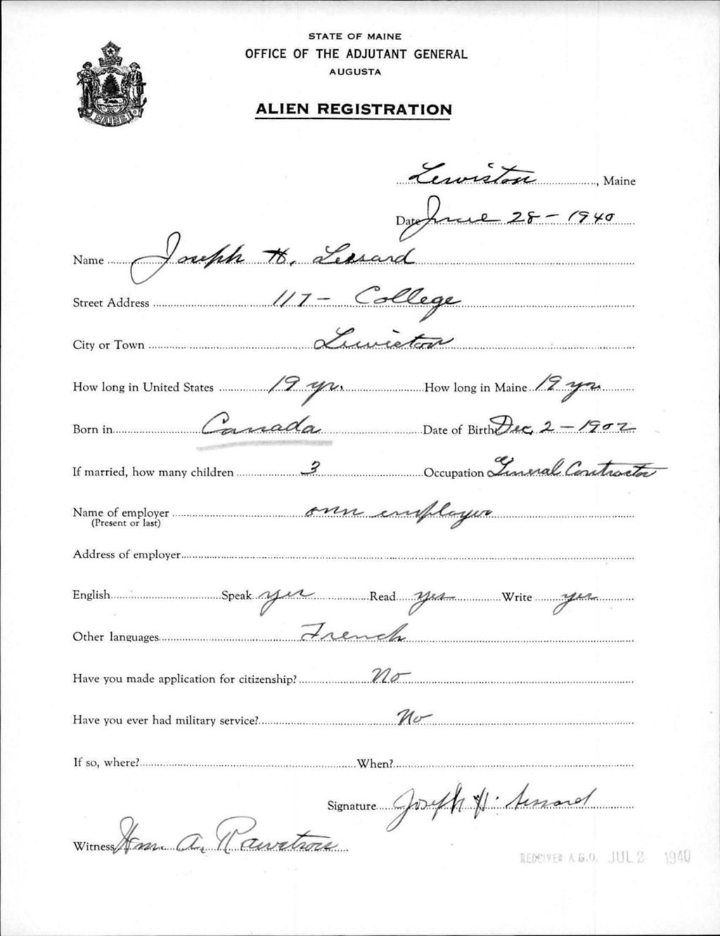 Miniature of Alien Registration- Lessard, Joseph H. (Lewiston, Androscoggin County)