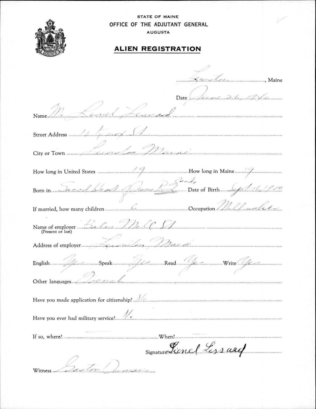 Miniature of Alien Registration- Lessard, Lionel (Lewiston, Androscoggin County)