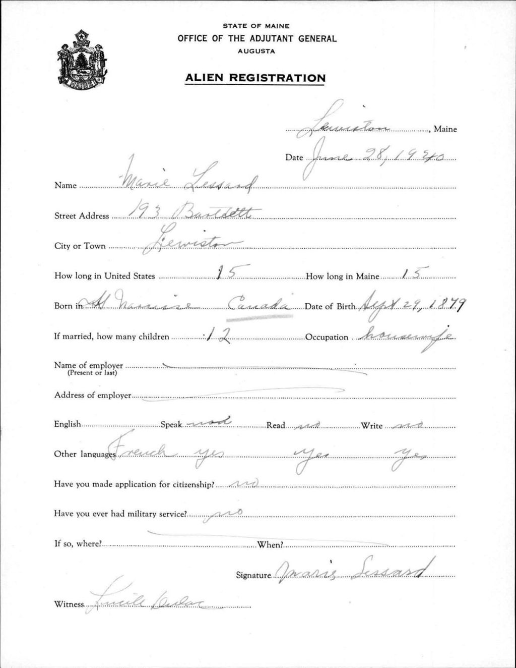 Miniature of Alien Registration- Lessard, Marie (Lewiston, Androscoggin County)