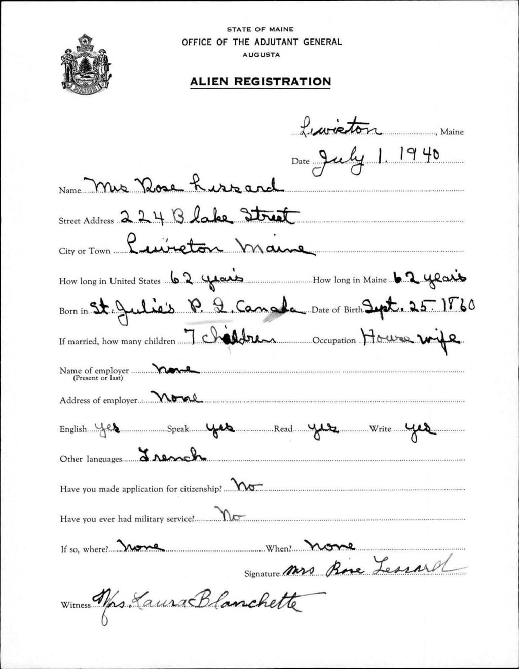 Miniature of Alien Registration- Lessard, Rose (Lewiston, Androscoggin County)