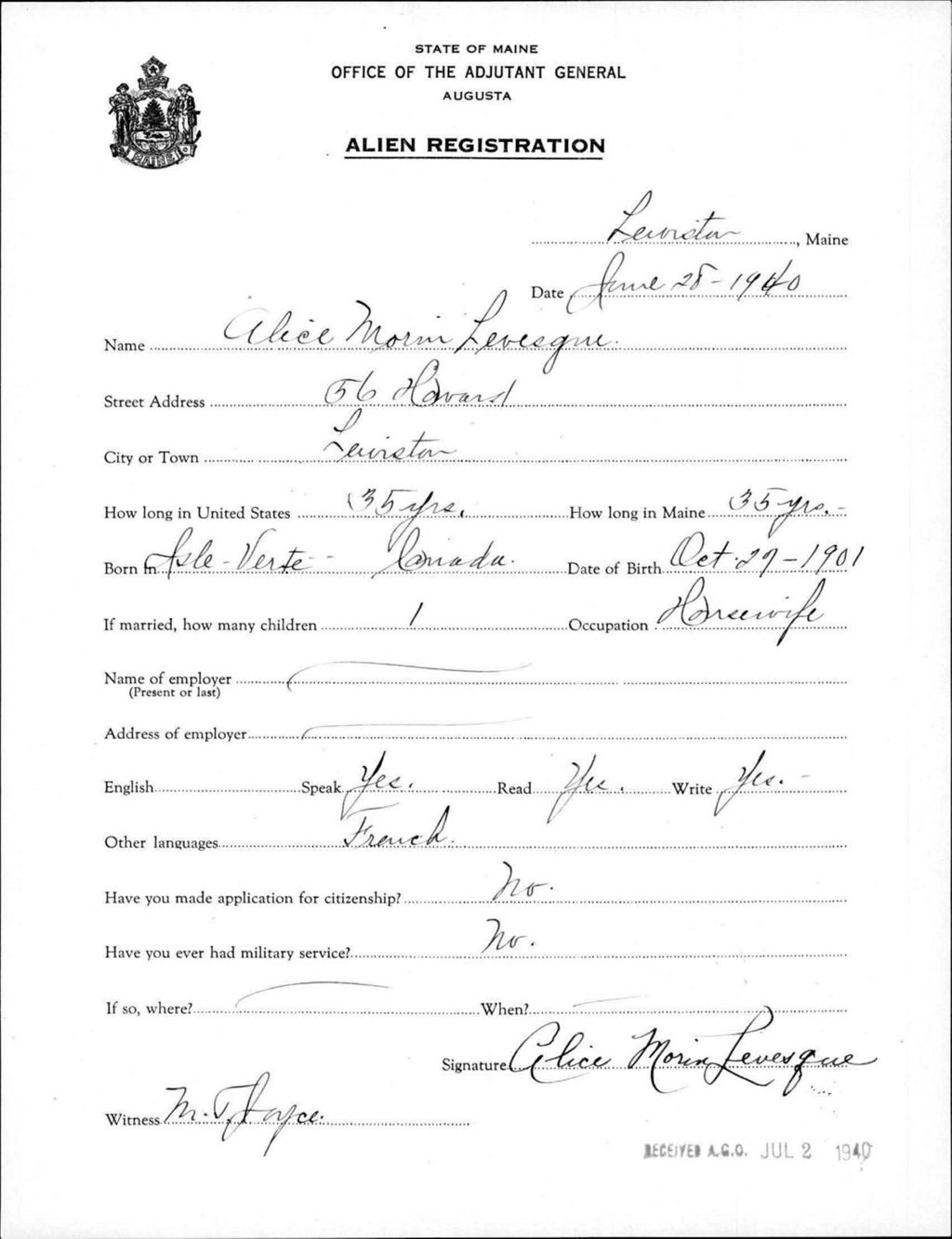 Miniature of Alien Registration- Morin, Alice (Lewiston, Androscoggin County)