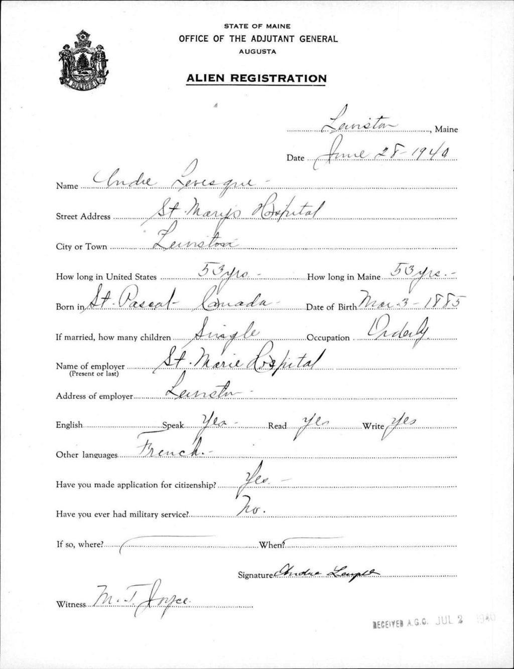 Miniature of Alien Registration- Levesque, Andre (Lewiston, Androscoggin County)