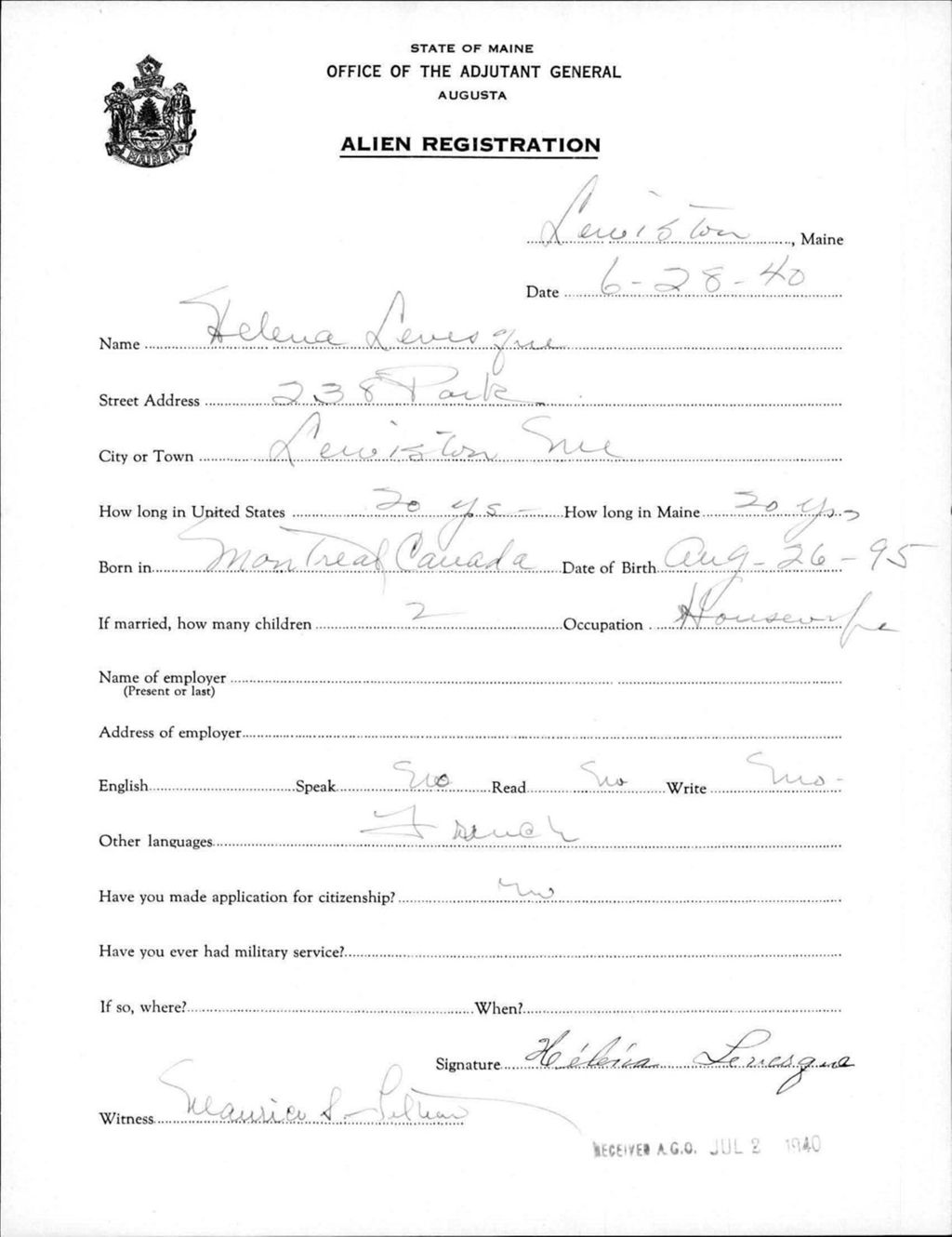 Miniature of Alien Registration- Levesque, Helena (Lewiston, Androscoggin County)