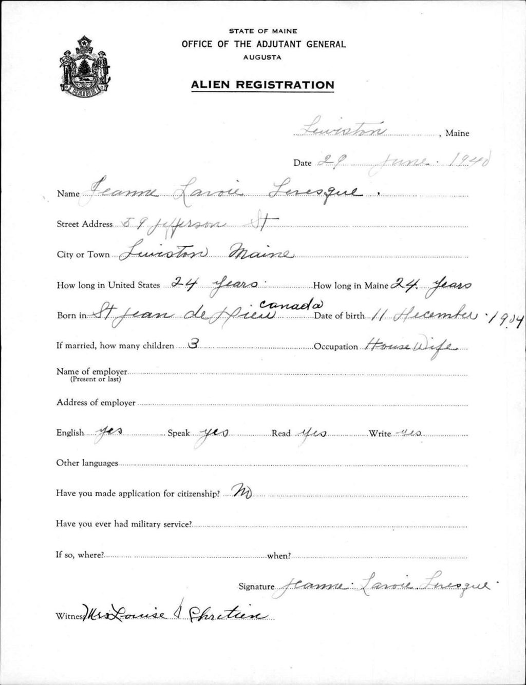 Miniature of Alien Registration- Lavoie, Jeanne (Lewiston, Androscoggin County)