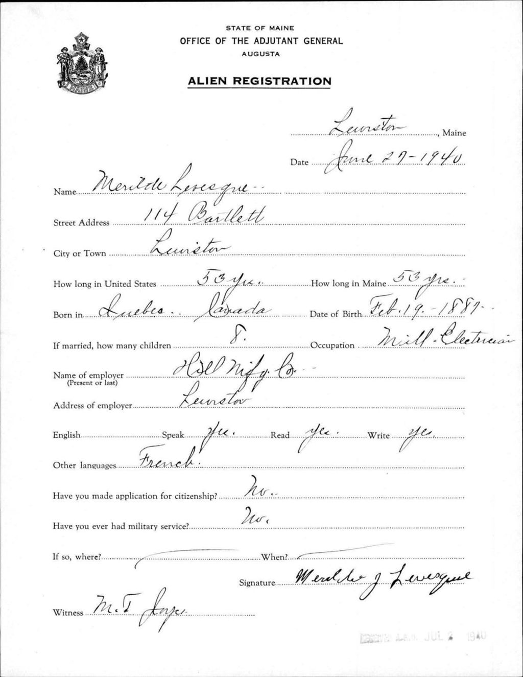 Miniature of Alien Registration- Levesque, Merdelie (Lewiston, Androscoggin County)