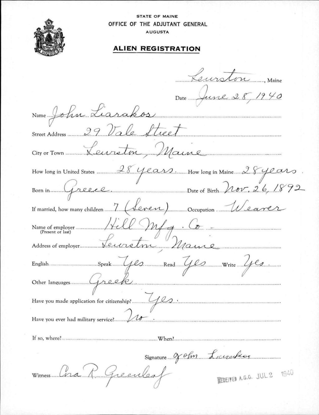 Miniature of Alien Registration- Liarakos, John (Lewiston, Androscoggin County)