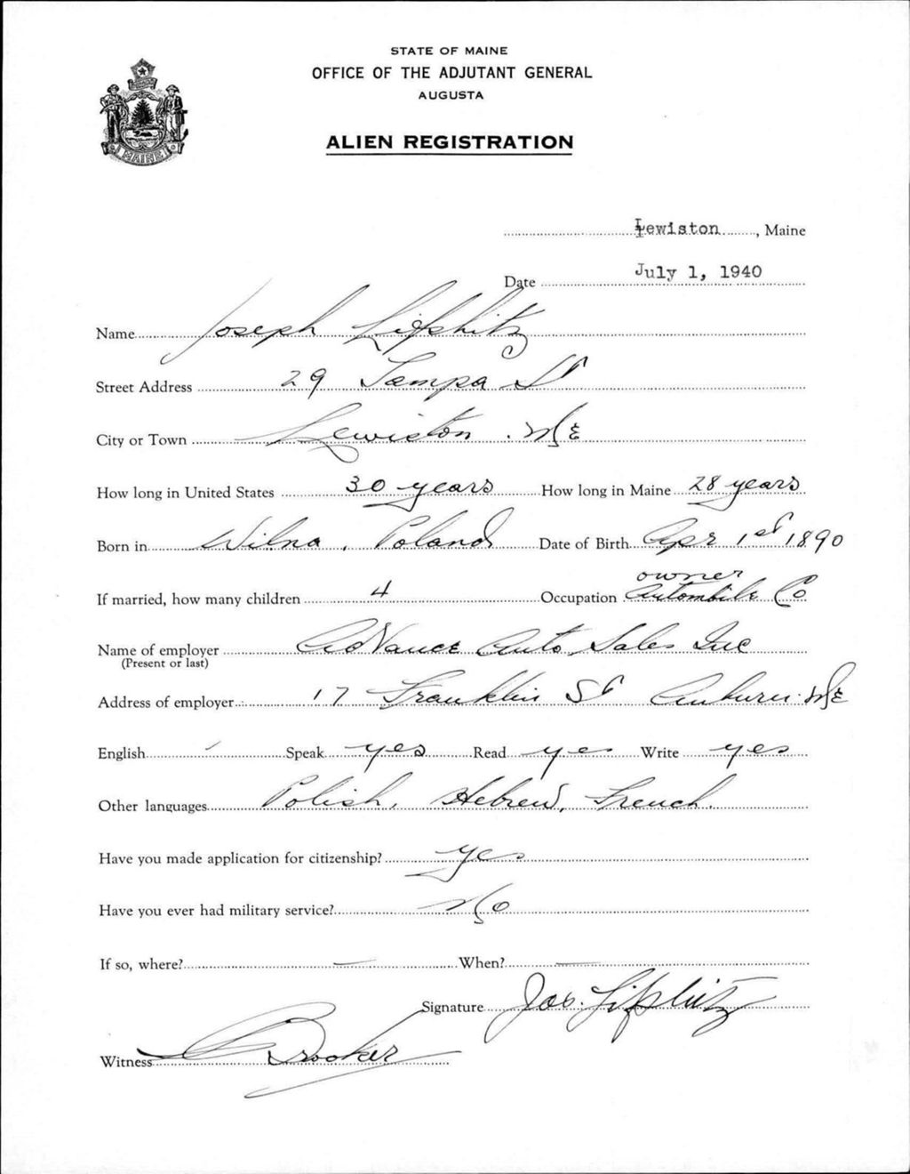 Miniature of Alien Registration- Lipshitz, Joseph (Lewiston, Androscoggin County)