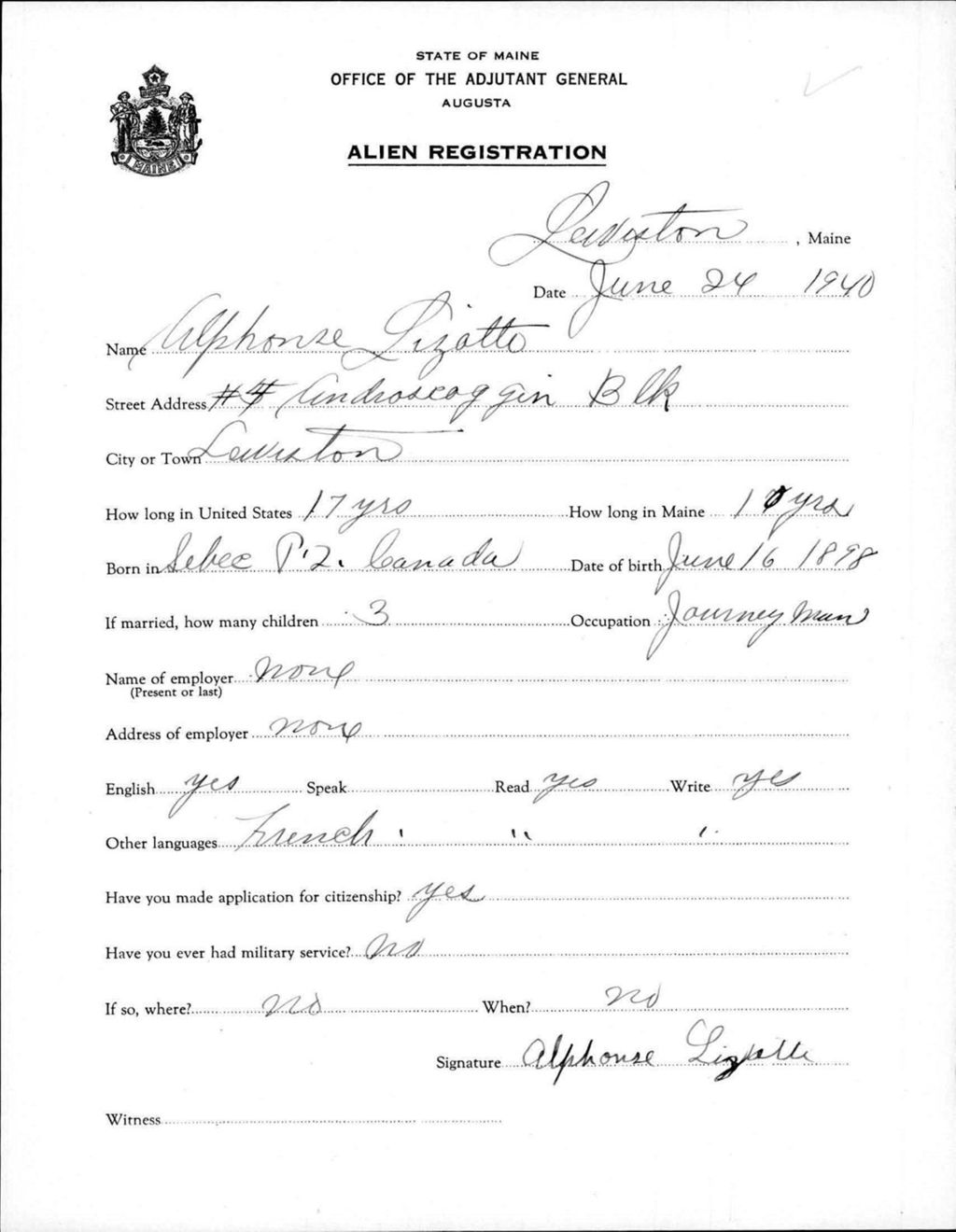 Miniature of Alien Registration- Lizatte, Alphonse (Lewiston, Androscoggin County)