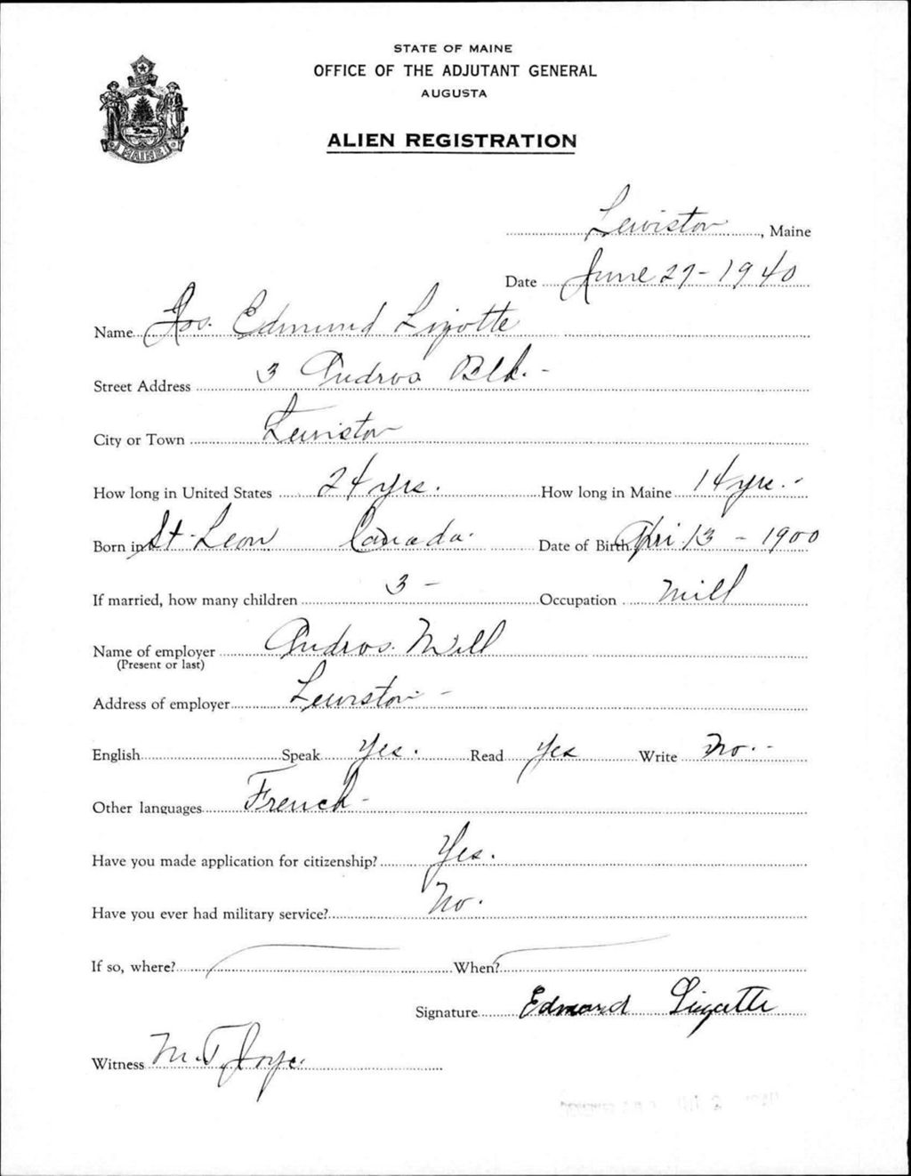 Miniature of Alien Registration- Lizotte, Joseph E. (Lewiston, Androscoggin County)