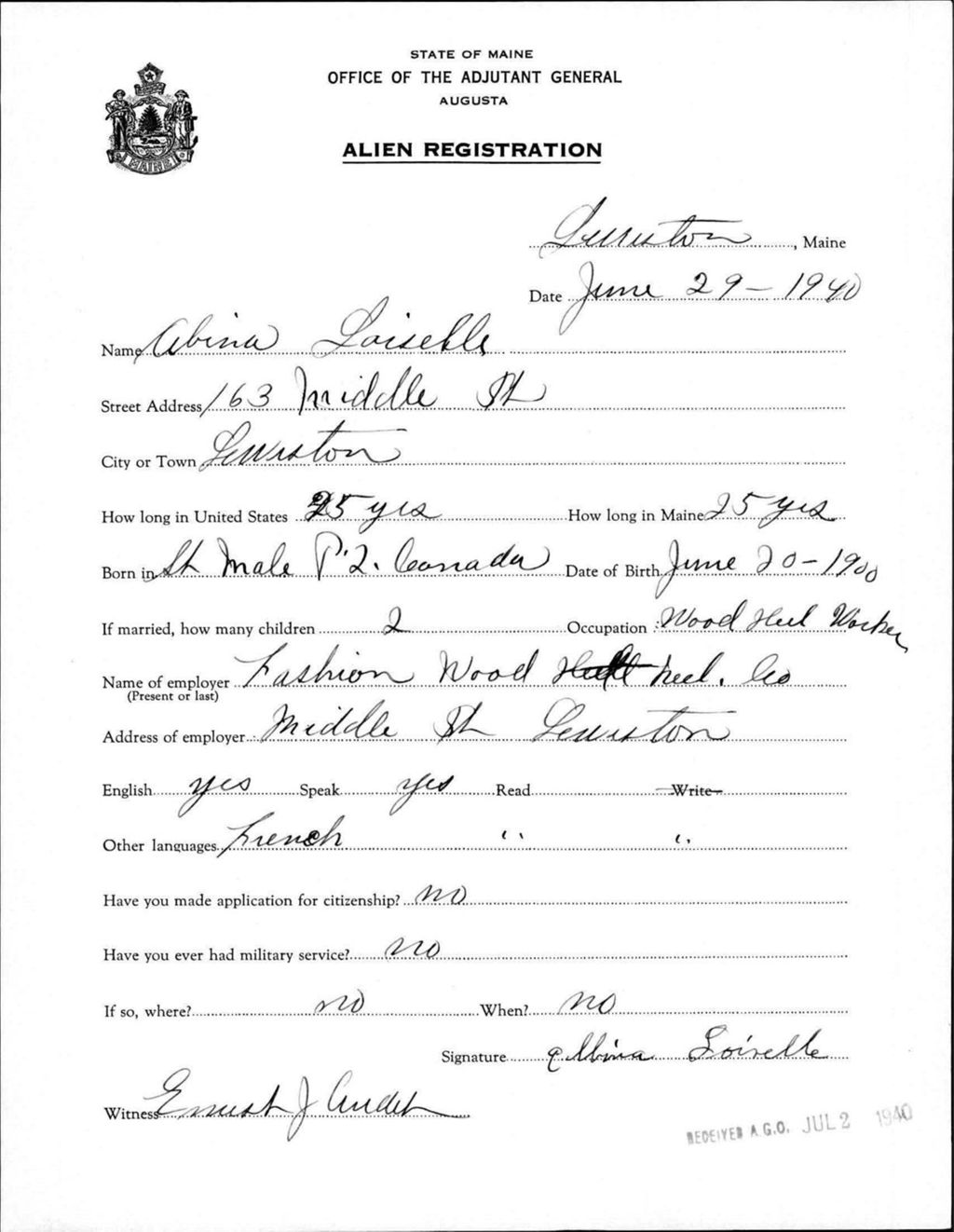 Miniature of Alien Registration- Loirelle, Albina (Lewiston, Androscoggin County)