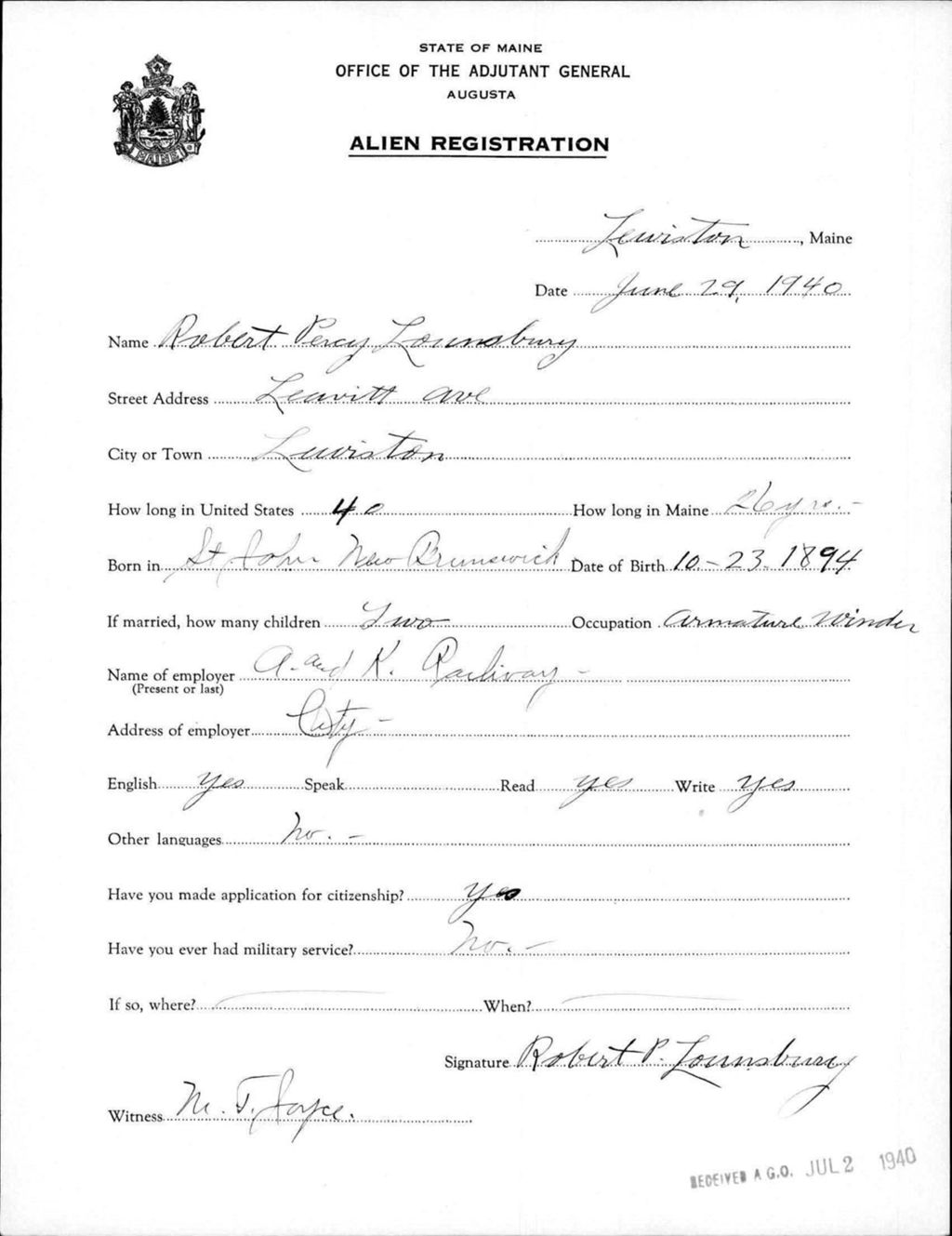 Miniature of Alien Registration- Lounsbury, Robert P. (Lewiston, Androscoggin County)