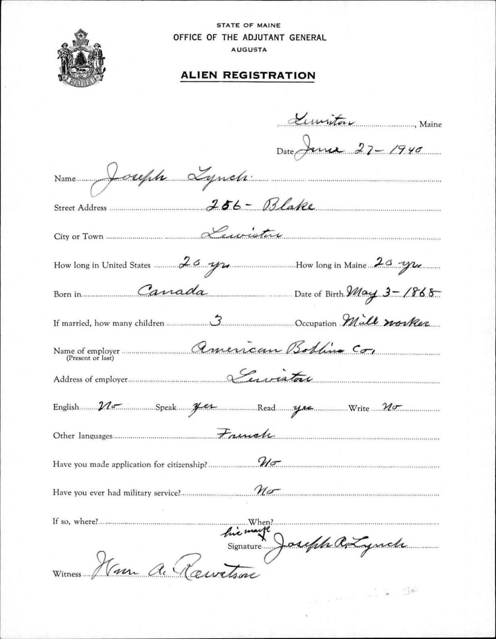 Miniature of Alien Registration- Lynch, Joseph (Lewiston, Androscoggin County)