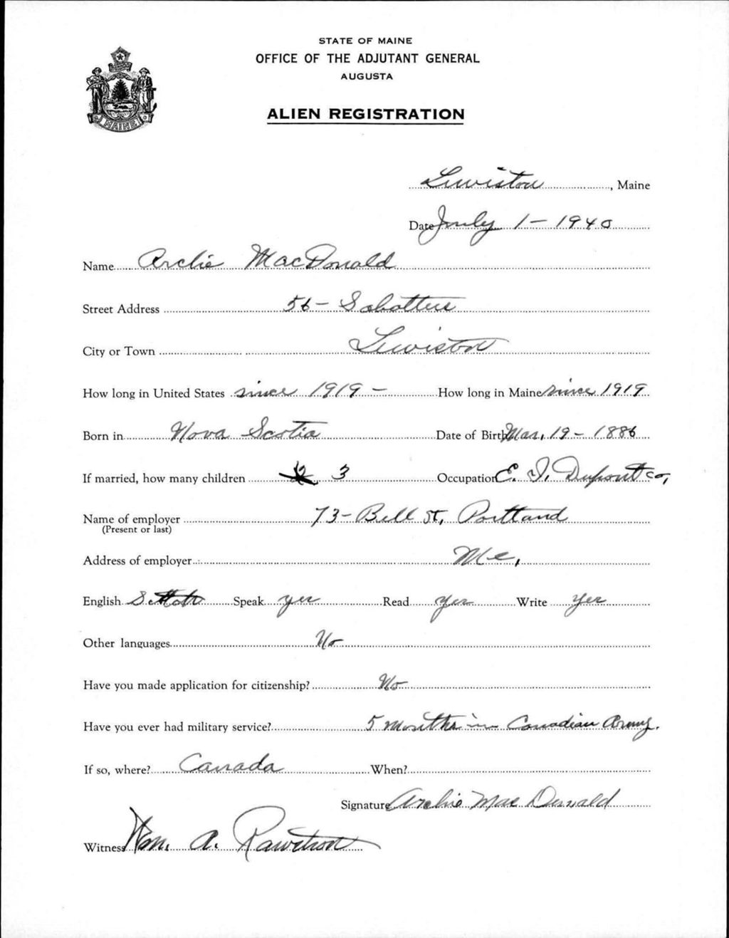 Miniature of Alien Registration- Macdonald, Archie (Lewiston, Androscoggin County)