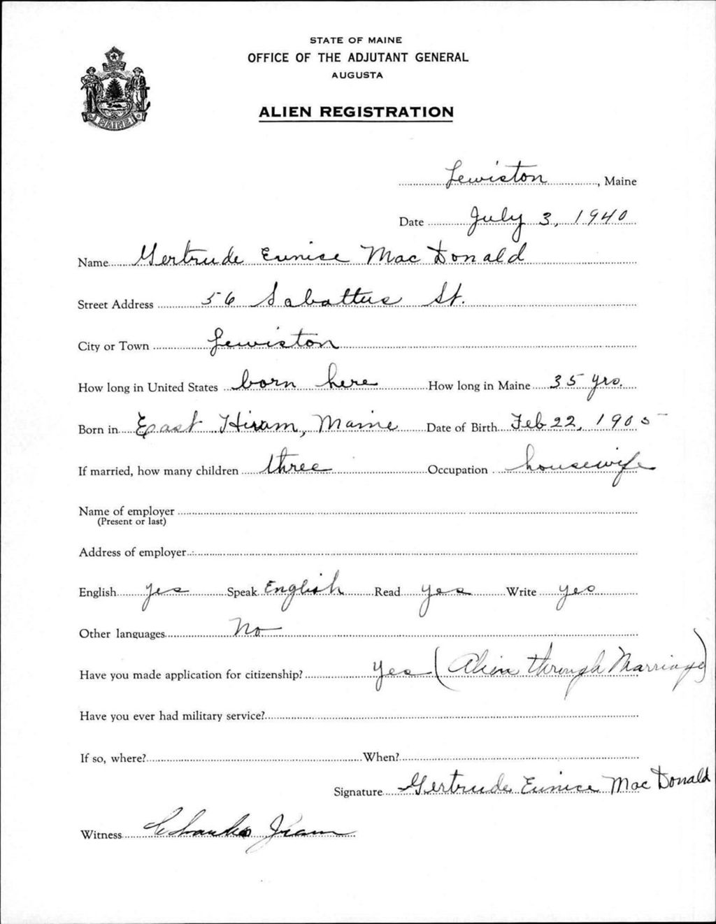 Miniature of Alien Registration- Macdonald, Gertrude E. (Lewiston, Androscoggin County)
