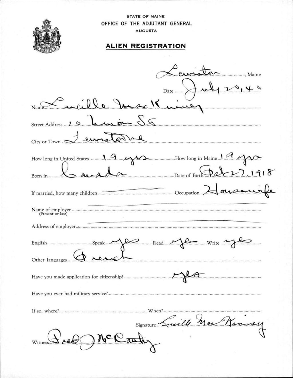 Miniature of Alien Registration- Mackinney, Lucille (Lewiston, Androscoggin County)