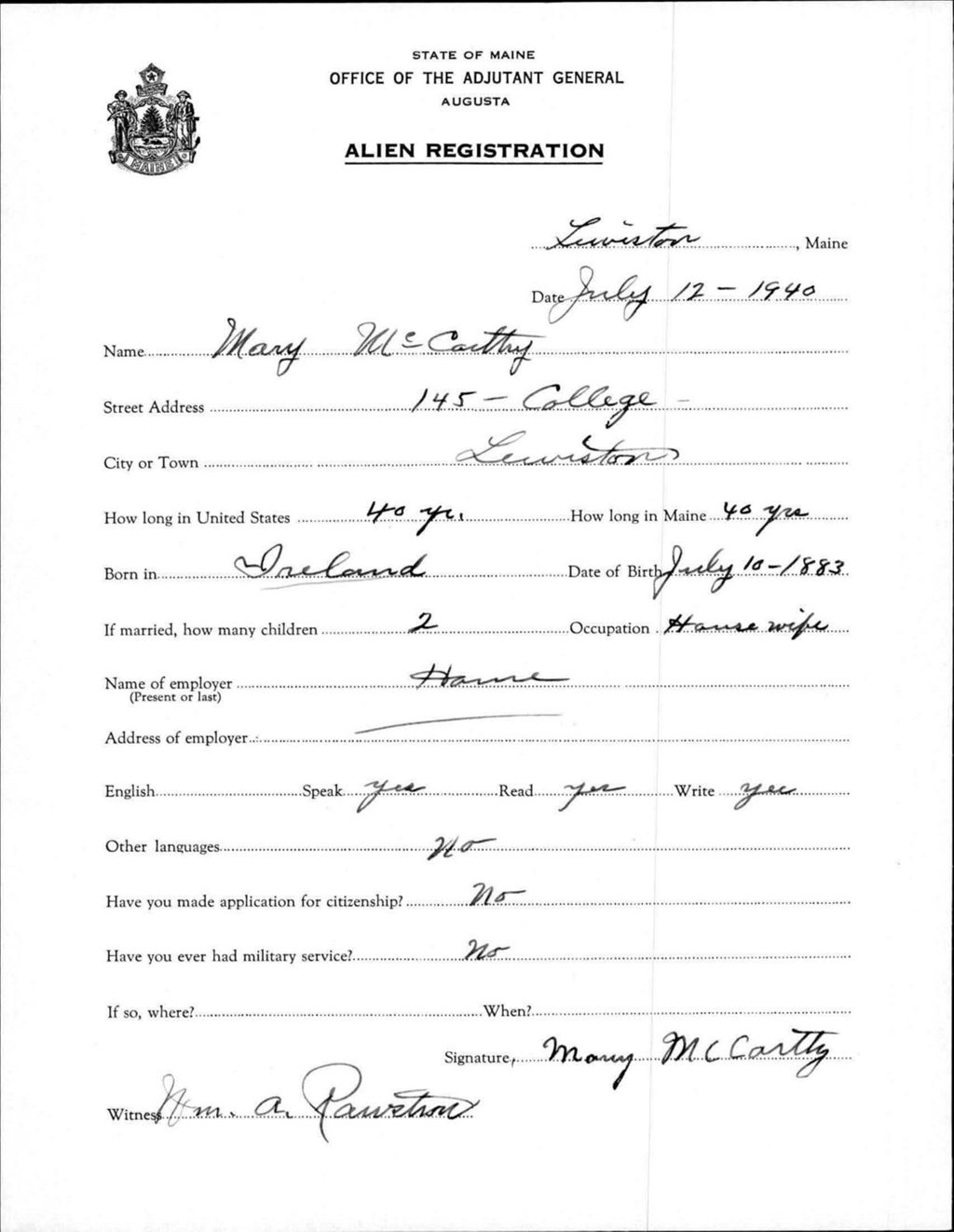Miniature of Alien Registration- Mccarthy, Mary (Lewiston, Androscoggin County)