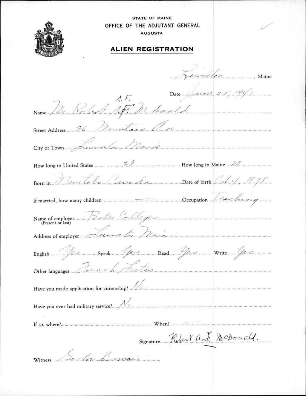 Miniature of Alien Registration- Mcdonald, Robert A F. (Lewiston, Androscoggin County)