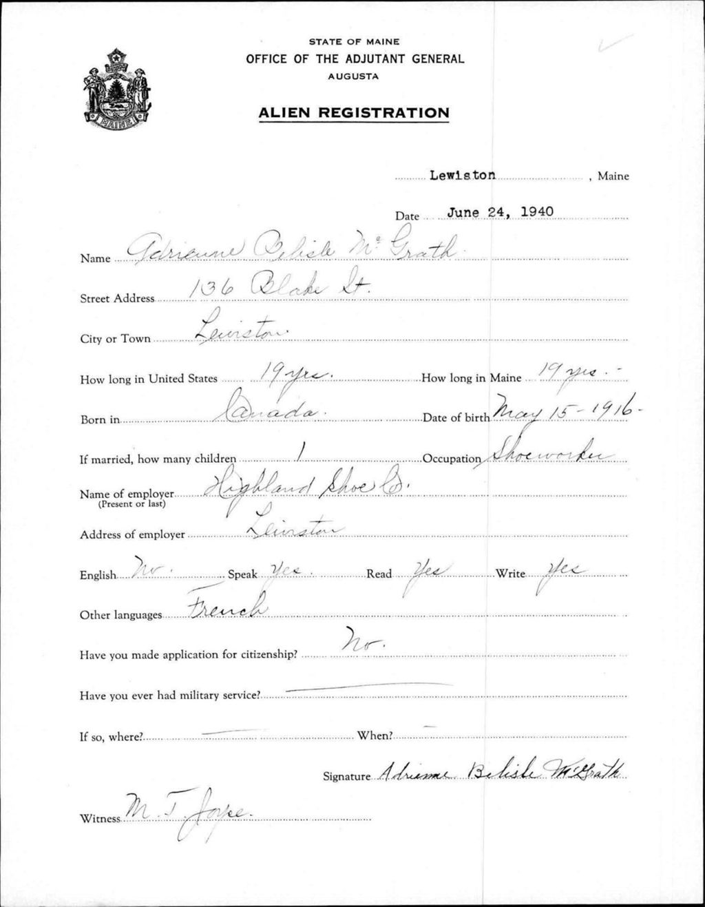 Miniature of Alien Registration- Belisle, Adrienne (Lewiston, Androscoggin County)