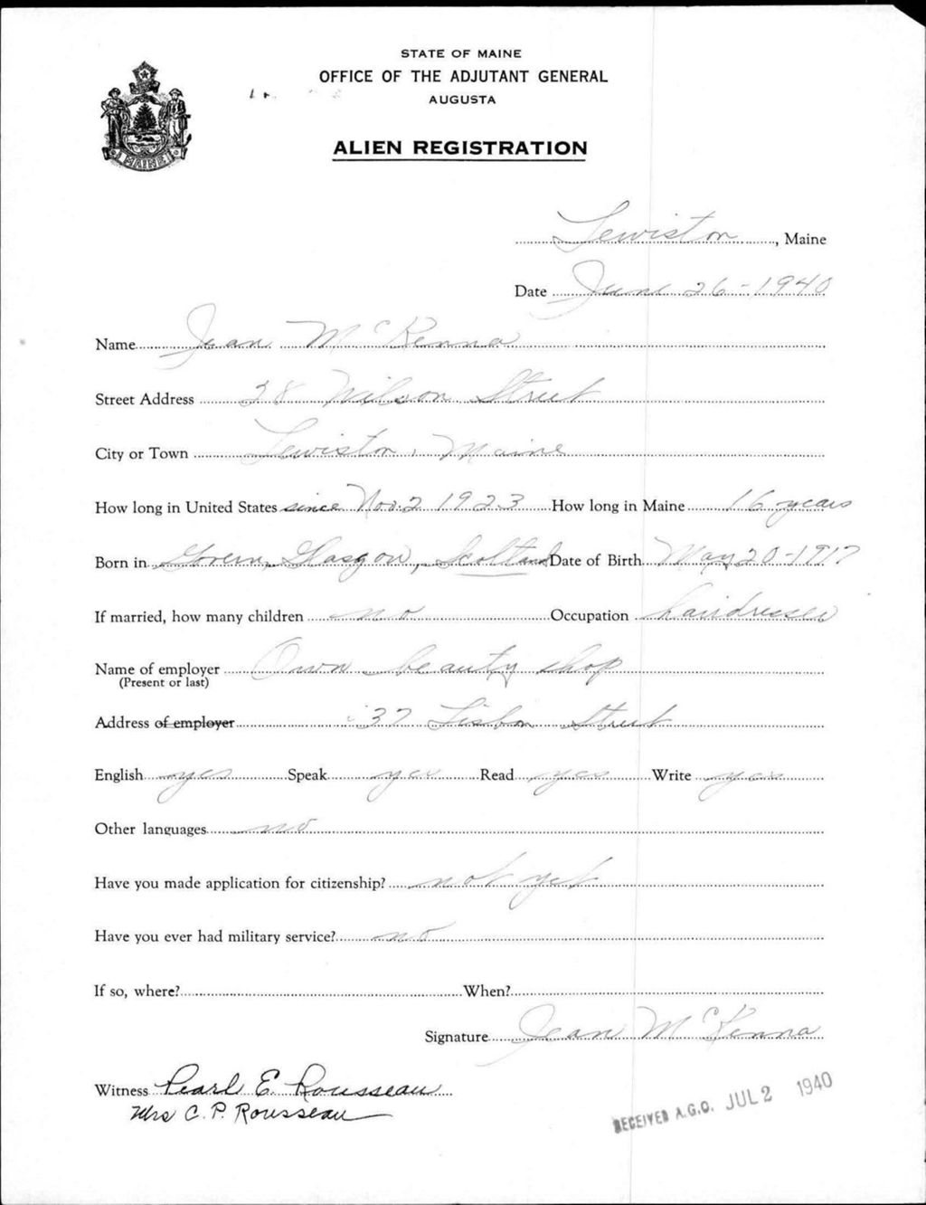 Miniature of Alien Registration- Mckenna, Jean (Lewiston, Androscoggin County)