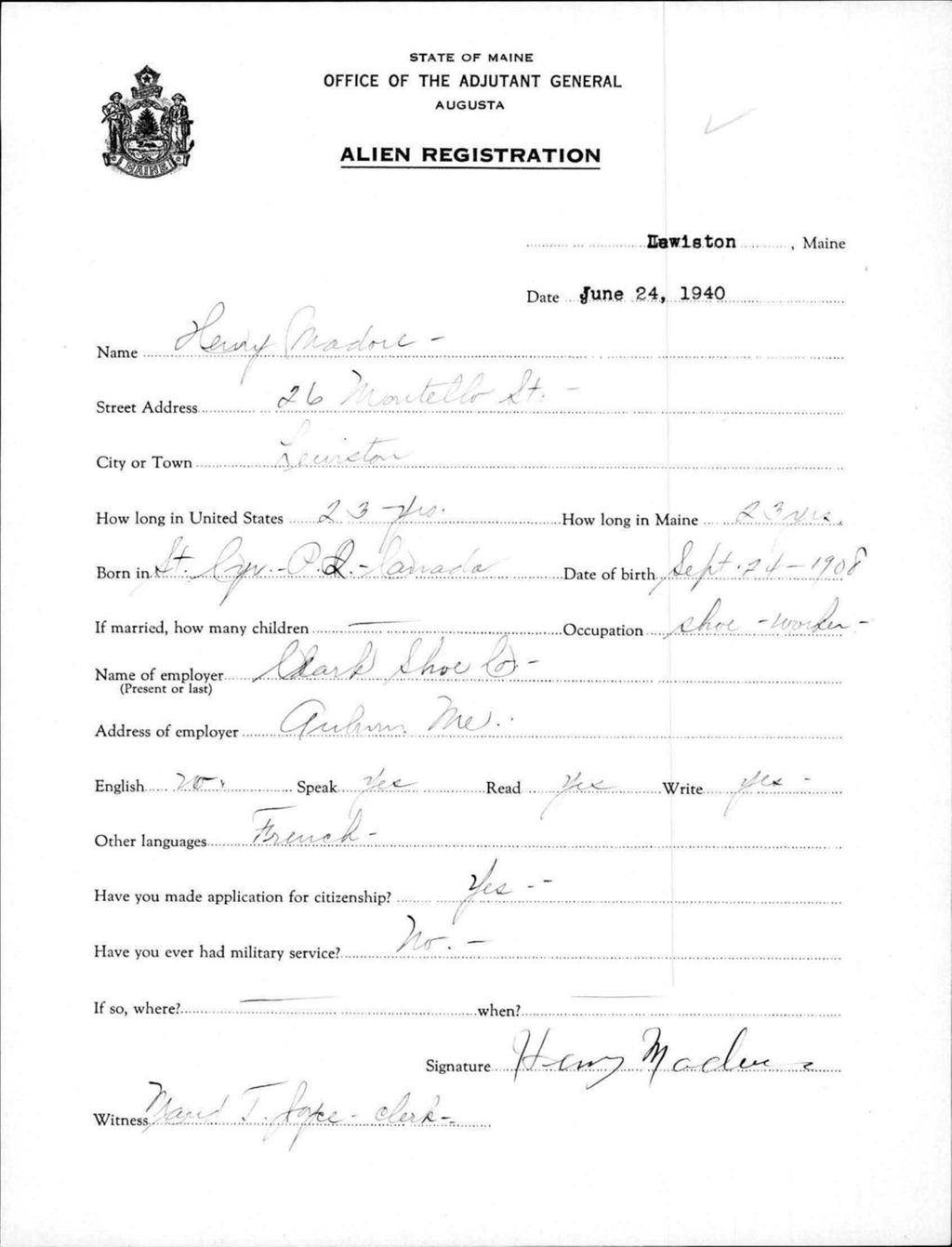 Miniature of Alien Registration- Madore, Henry (Lewiston, Androscoggin County)