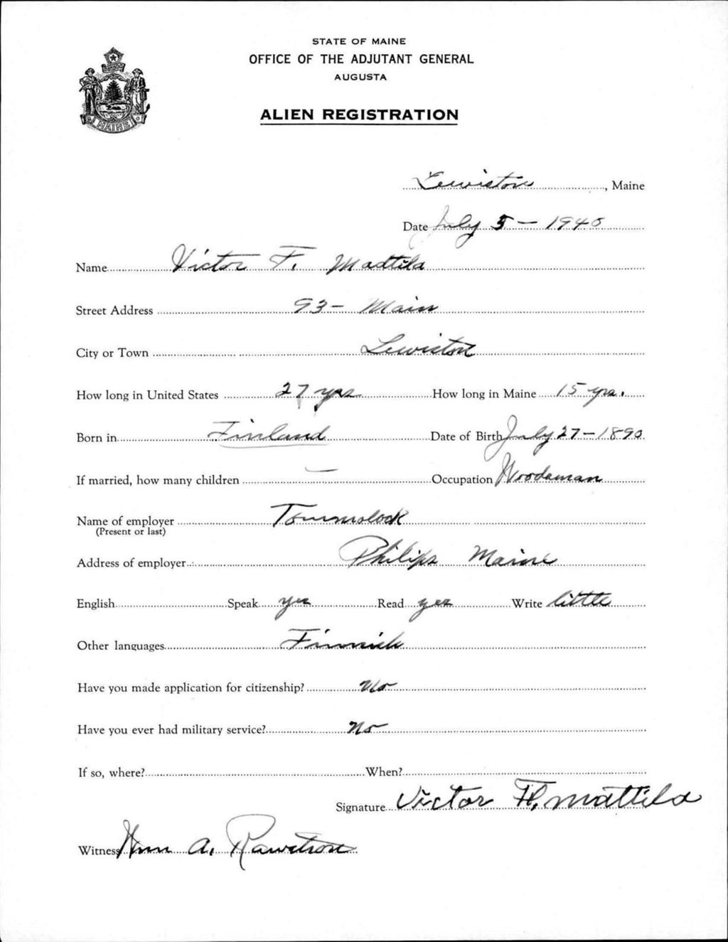 Miniature of Alien Registration- Madtila, Victor F. (Lewiston, Androscoggin County)