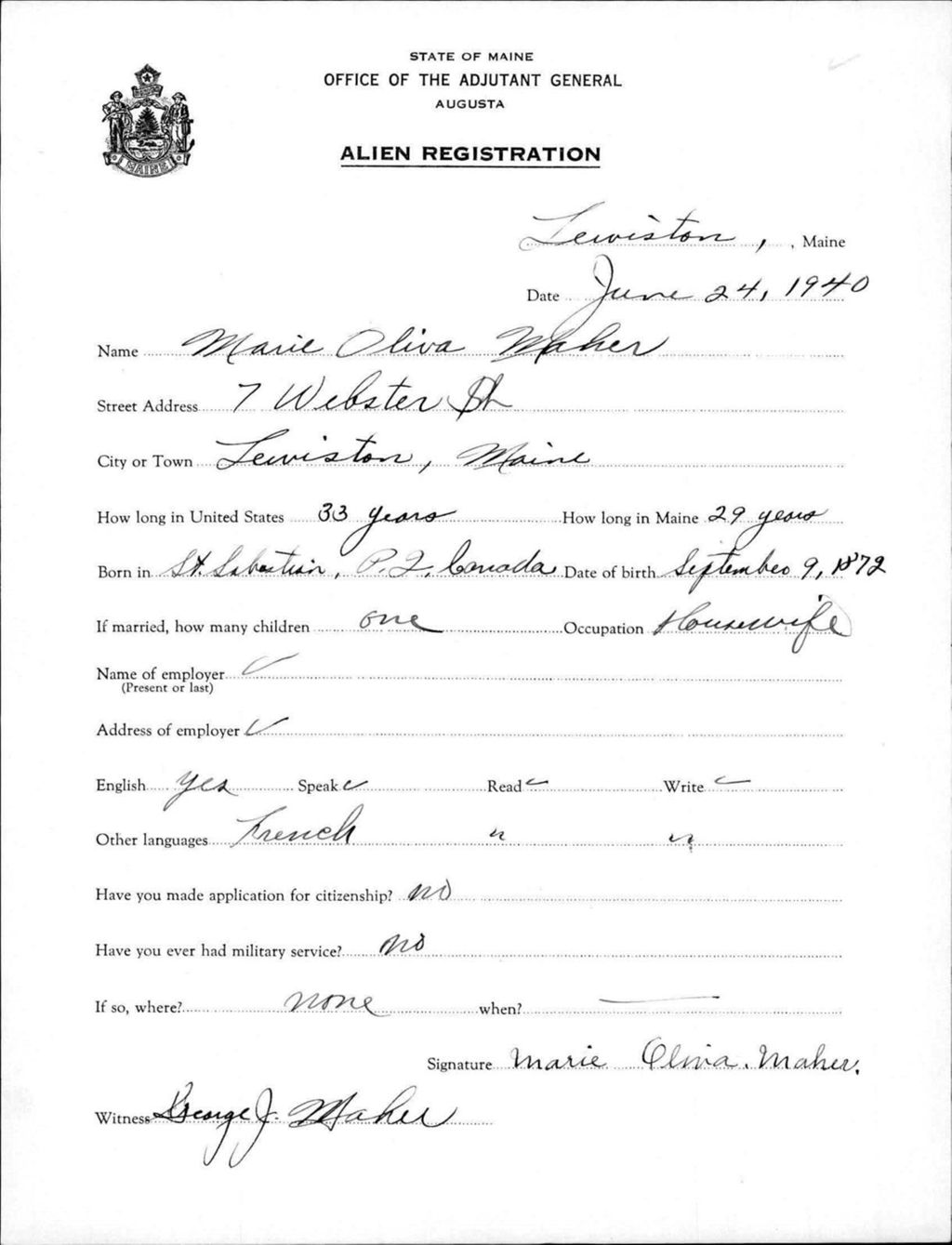 Miniature of Alien Registration- Maher, Marie O. (Lewiston, Androscoggin County)