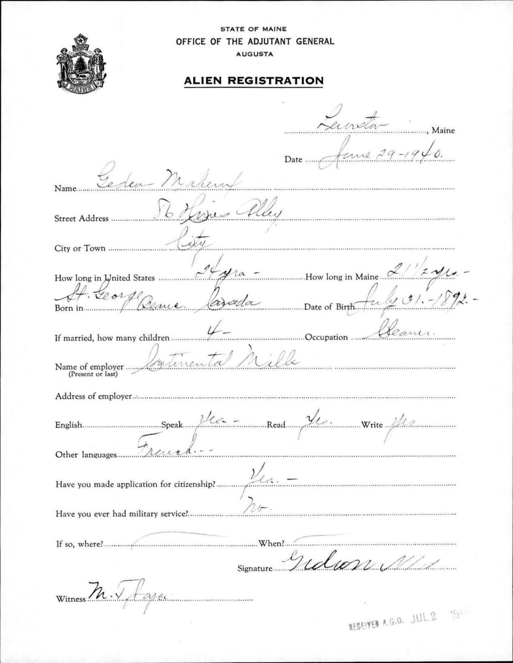 Miniature of Alien Registration- Maheux, Geden (Lewiston, Androscoggin County)