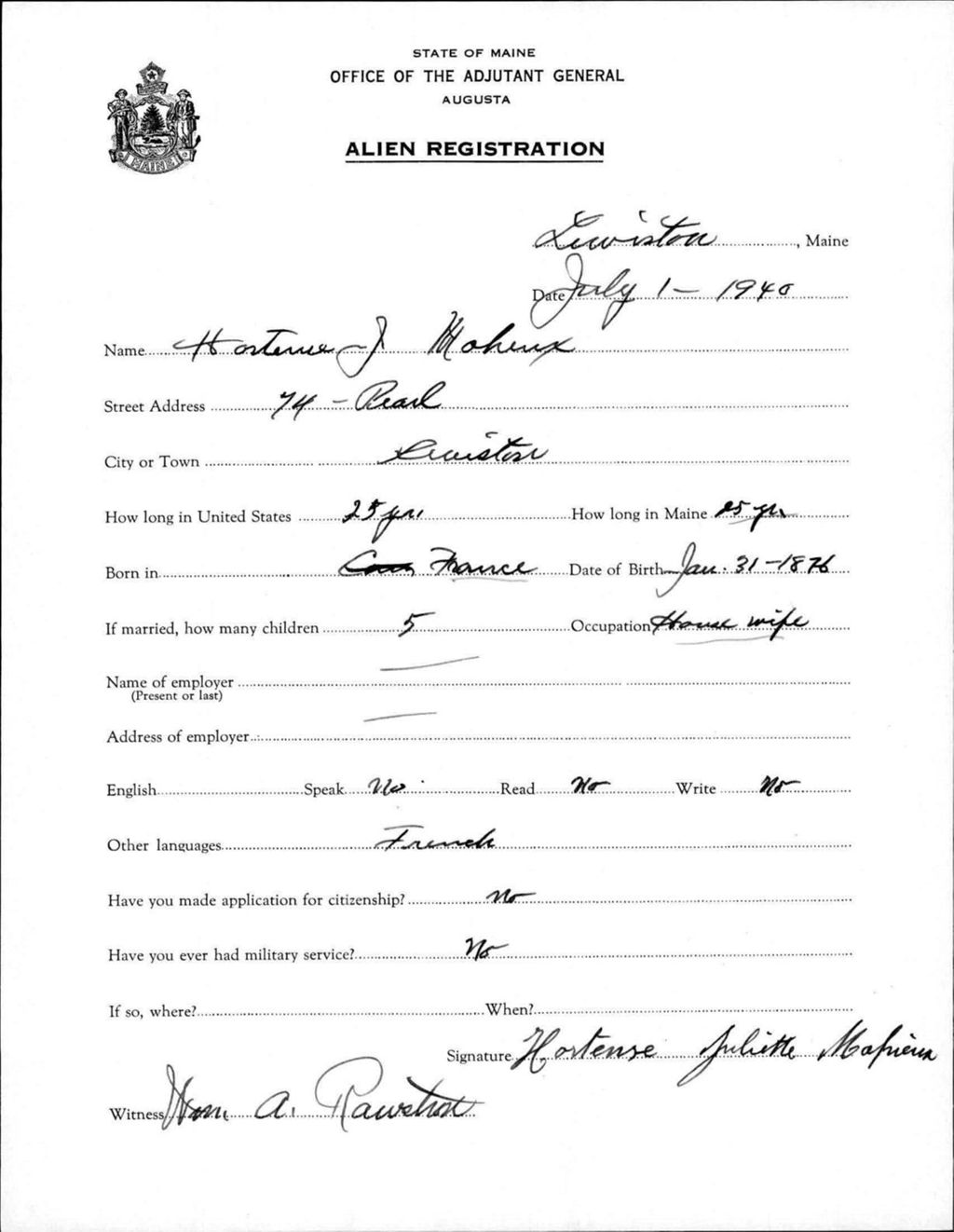 Miniature of Alien Registration- Maheux, Hortense J. (Lewiston, Androscoggin County)