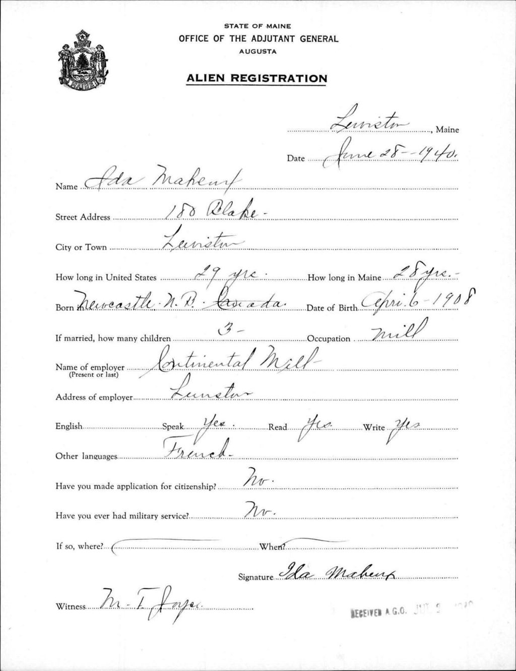 Miniature of Alien Registration- Maheux, Ida (Lewiston, Androscoggin County)