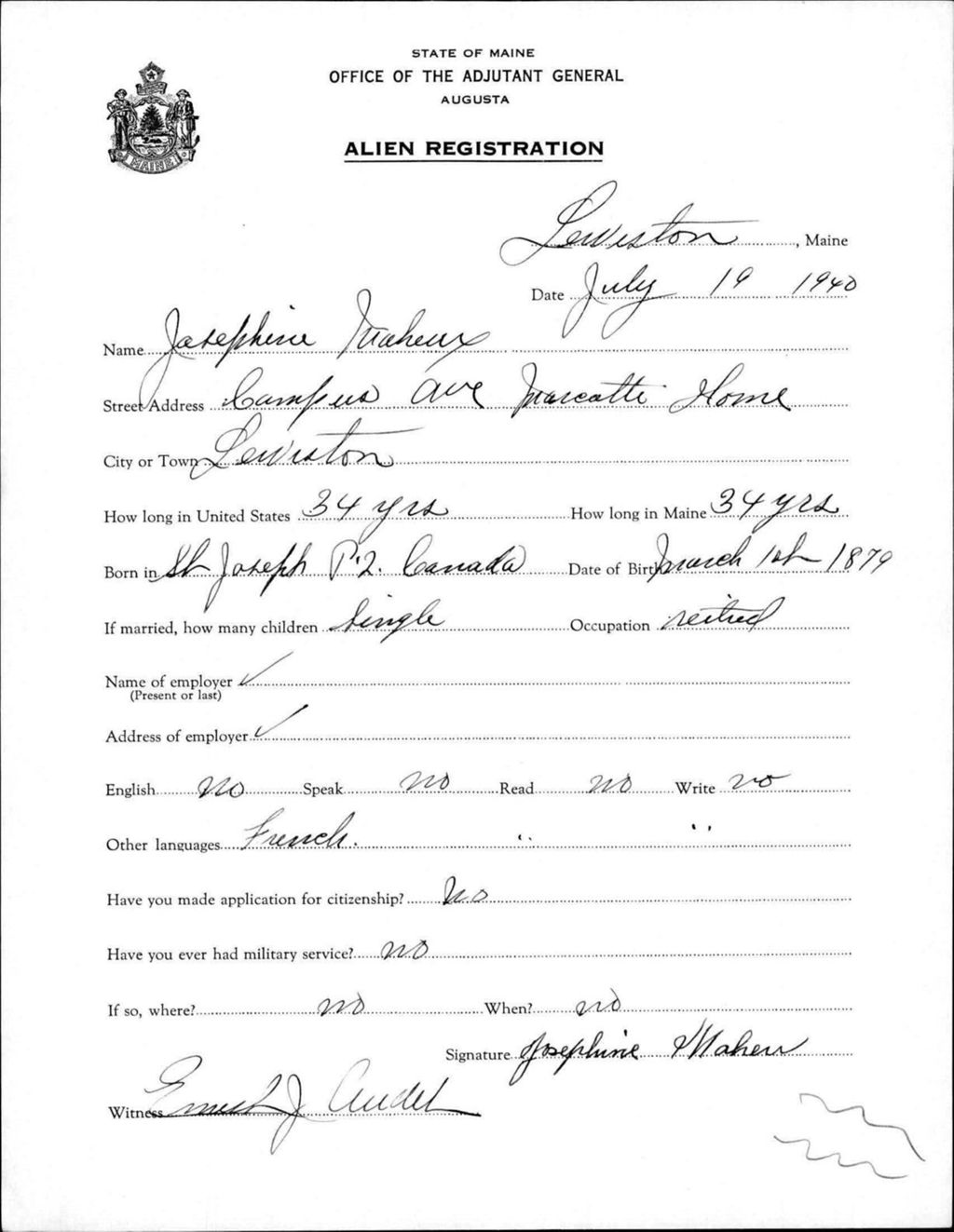 Miniature of Alien Registration- Maheux, Josephine (Lewiston, Androscoggin County)