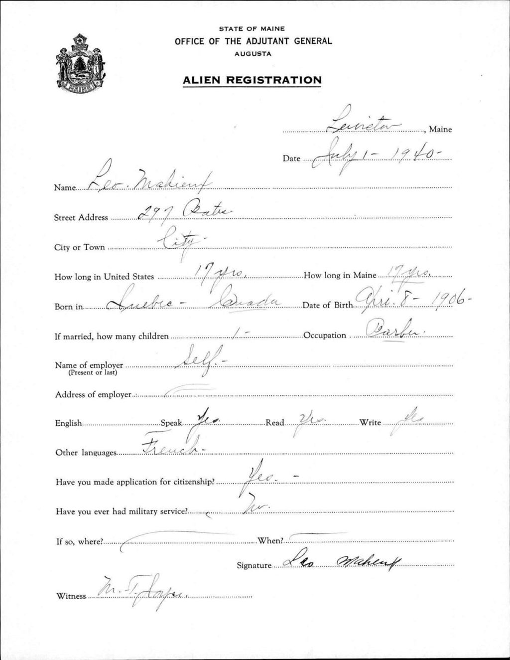 Miniature of Alien Registration- Mahieux, Leo (Lewiston, Androscoggin County)