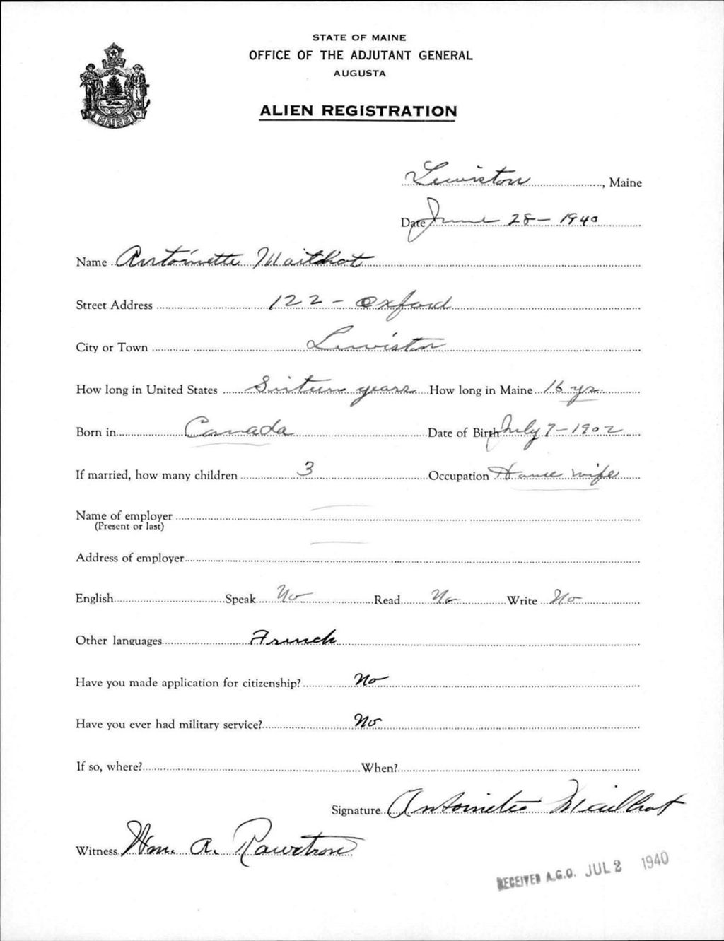 Miniature of Alien Registration- Maithot, Antoinette (Lewiston, Androscoggin County)