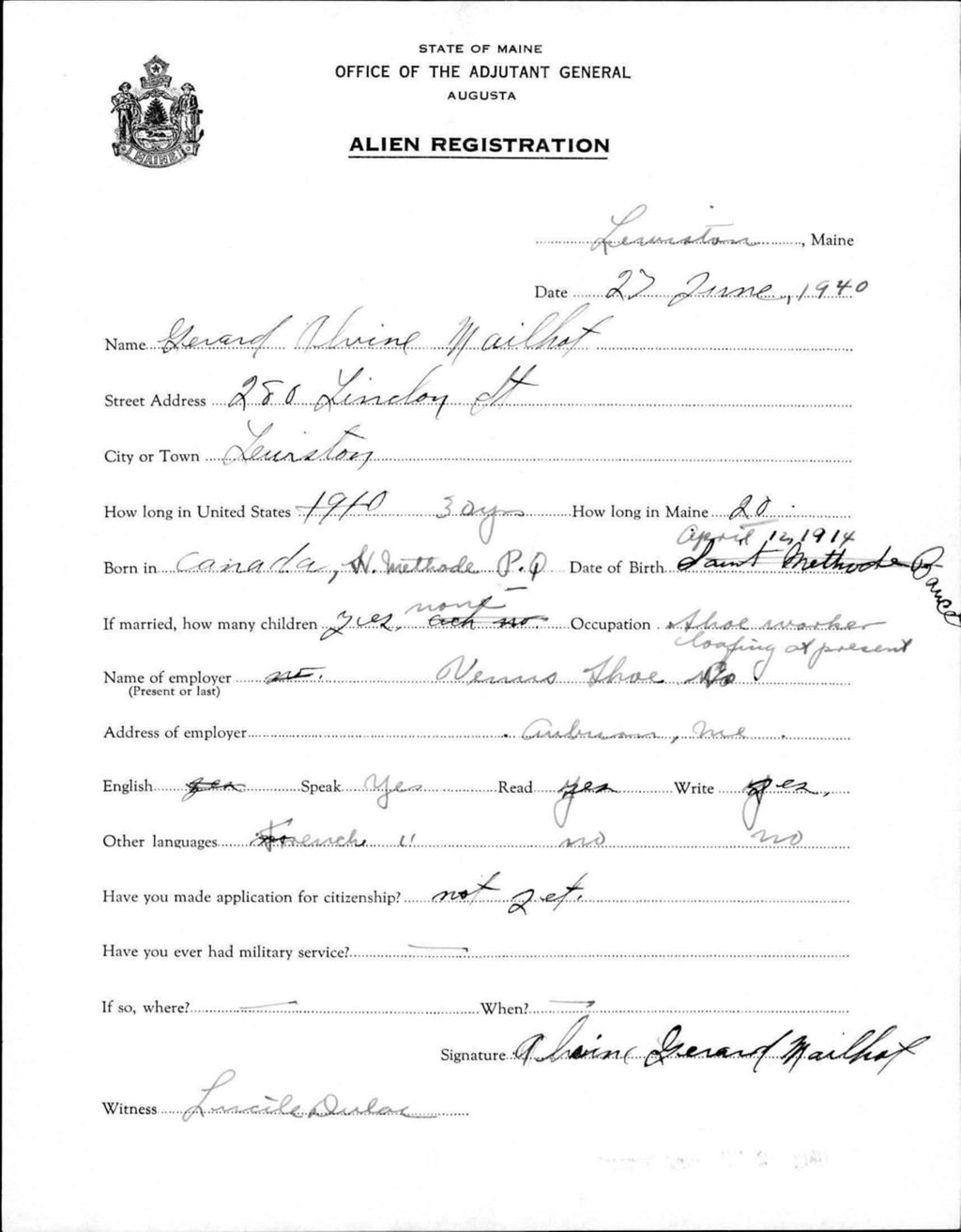 Miniature of Alien Registration- Mailhot, Gerard A. (Lewiston, Androscoggin County)