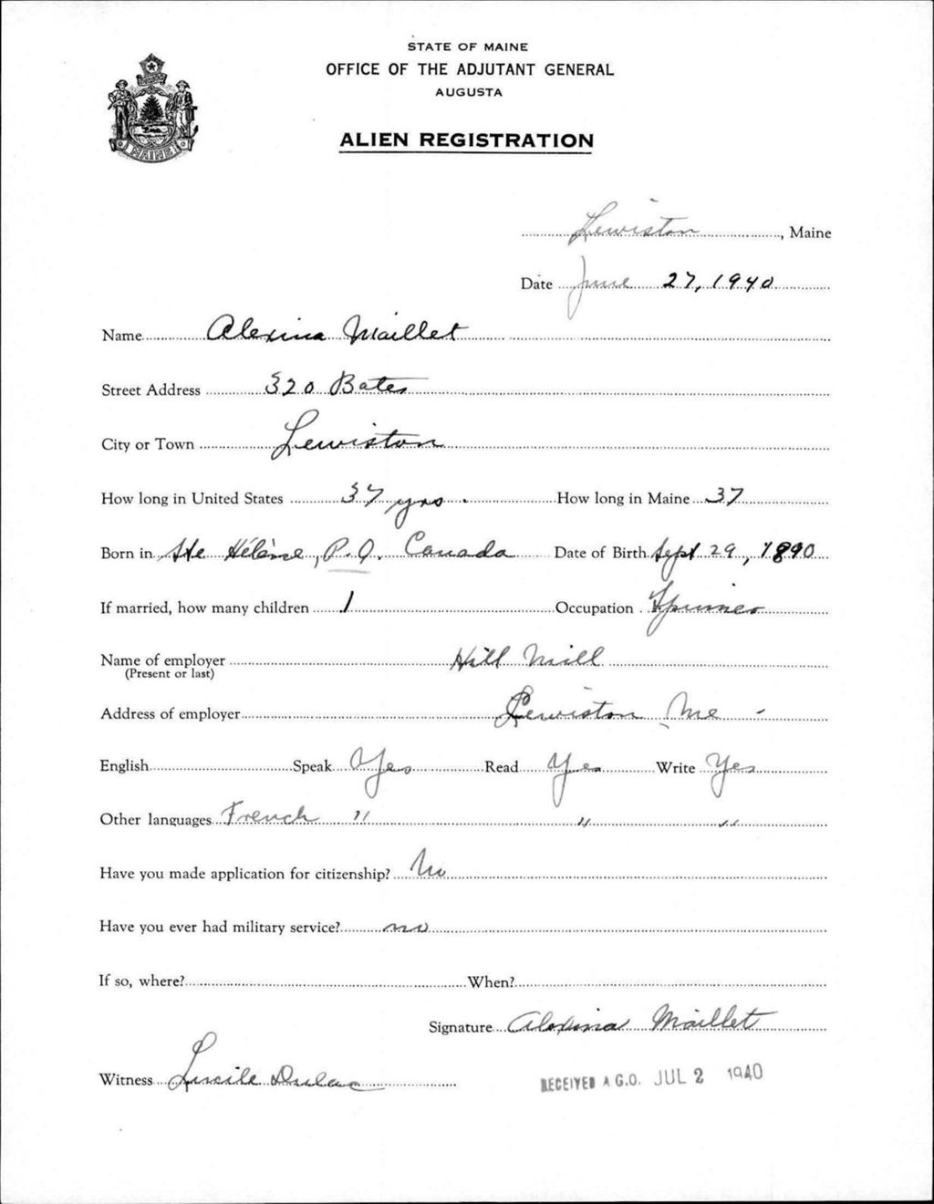Miniature of Alien Registration- Mailhot, Alexina (Lewiston, Androscoggin County)