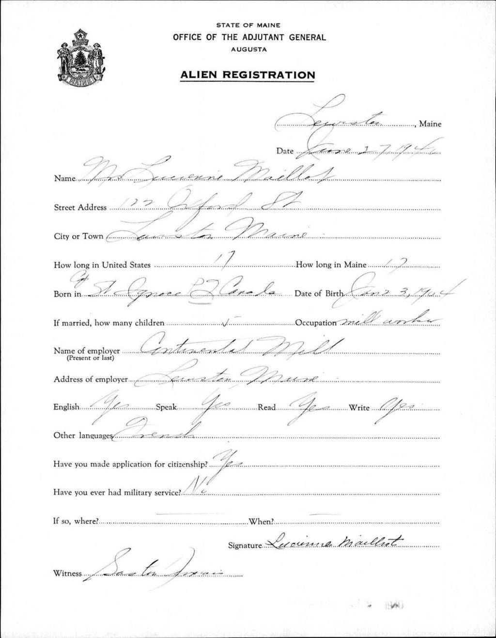 Miniature of Alien Registration- Mailhot, Lucienne (Lewiston, Androscoggin County)