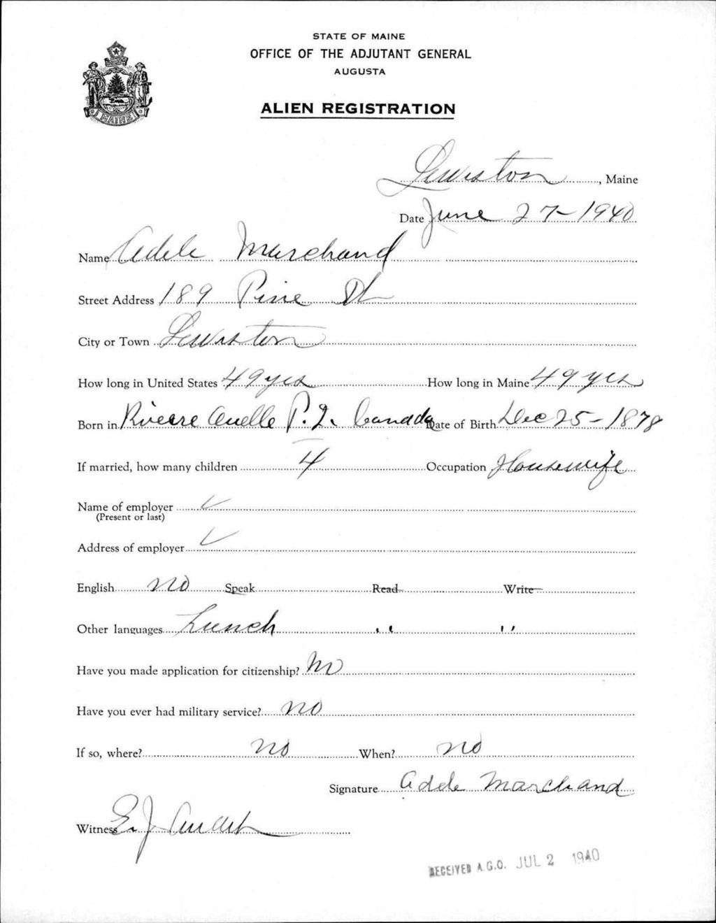 Miniature of Alien Registration- Marchand, Adele (Lewiston, Androscoggin County)