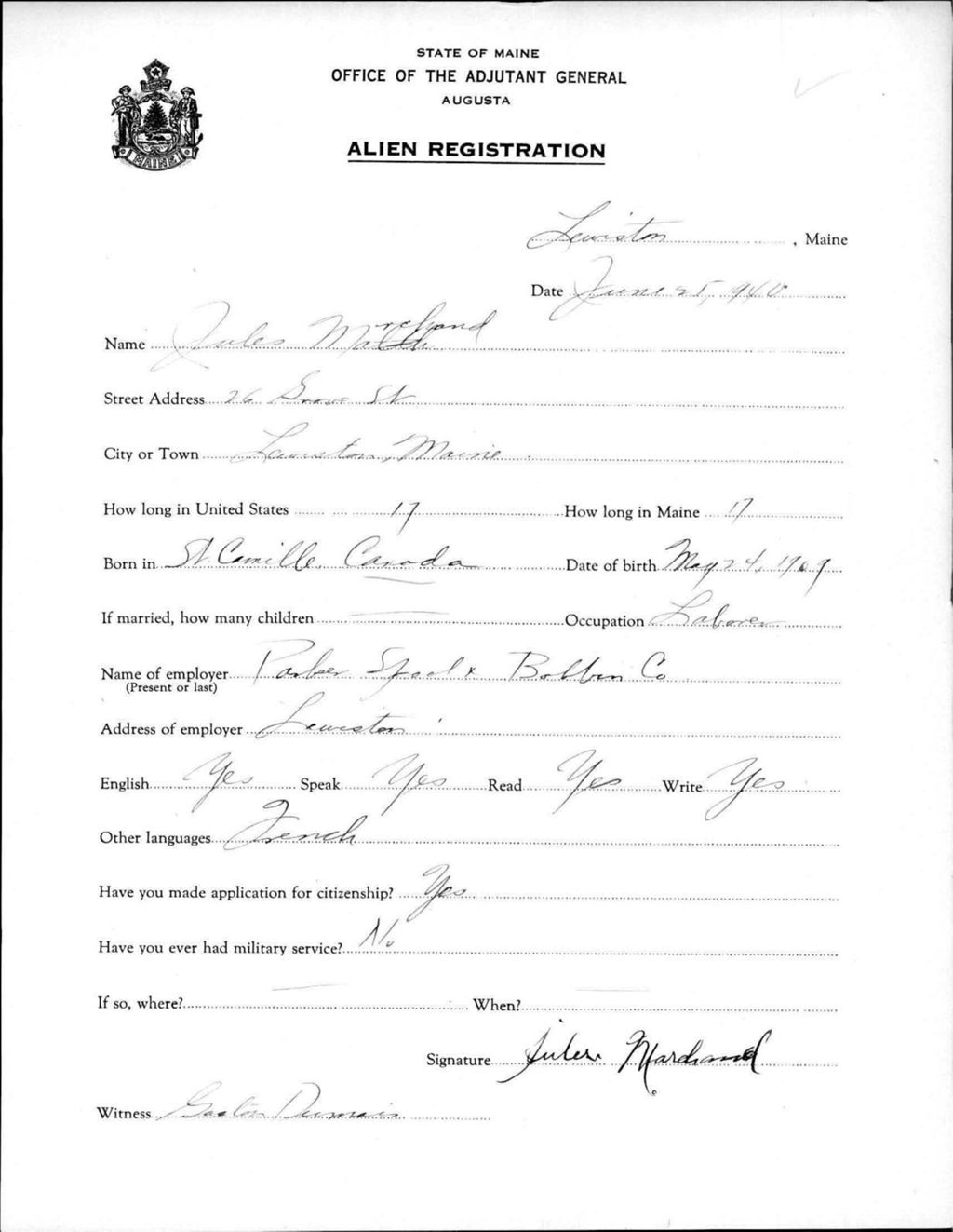 Miniature of Alien Registration- Marchand, Jules (Lewiston, Androscoggin County)