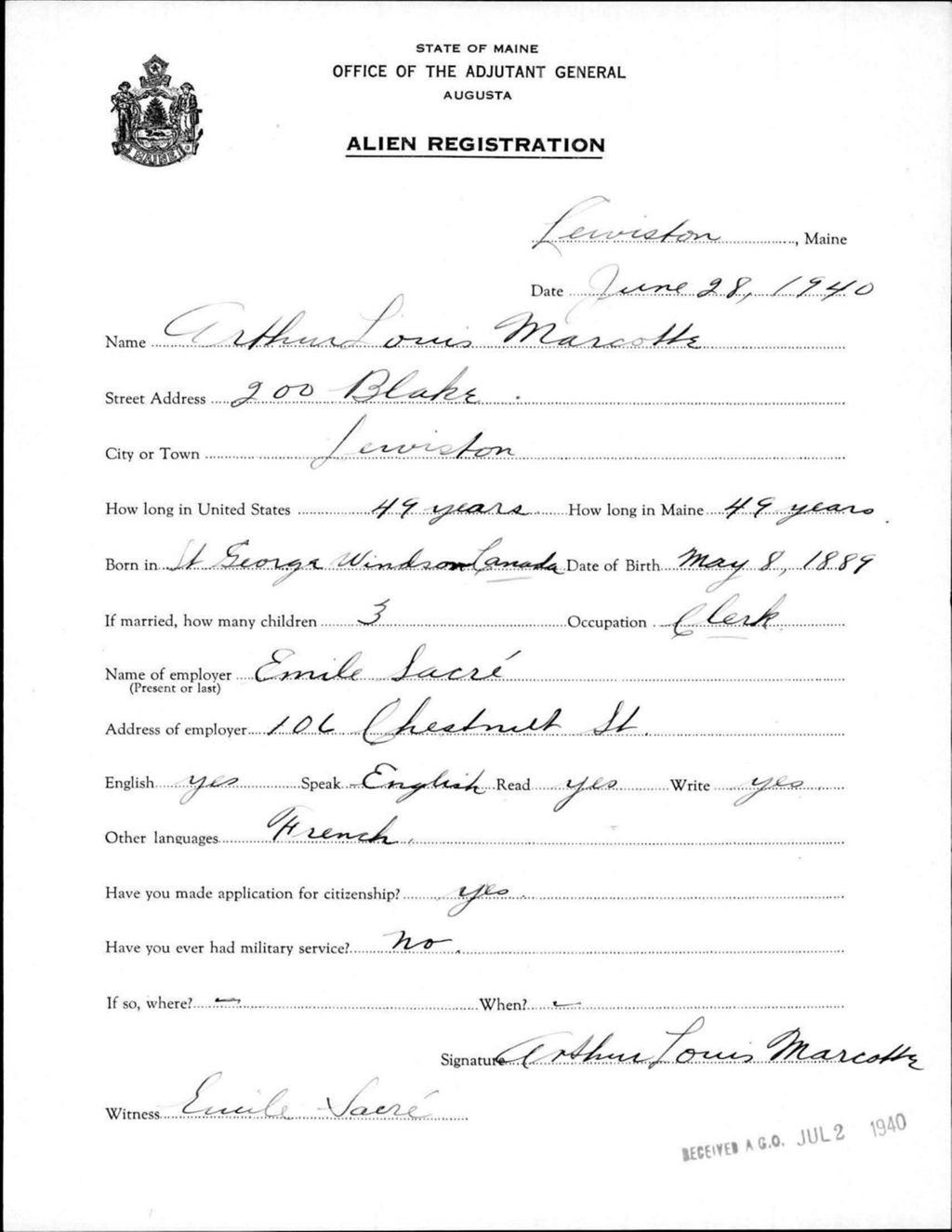 Miniature of Alien Registration- Marcotte, Arthur L. (Lewiston, Androscoggin County)