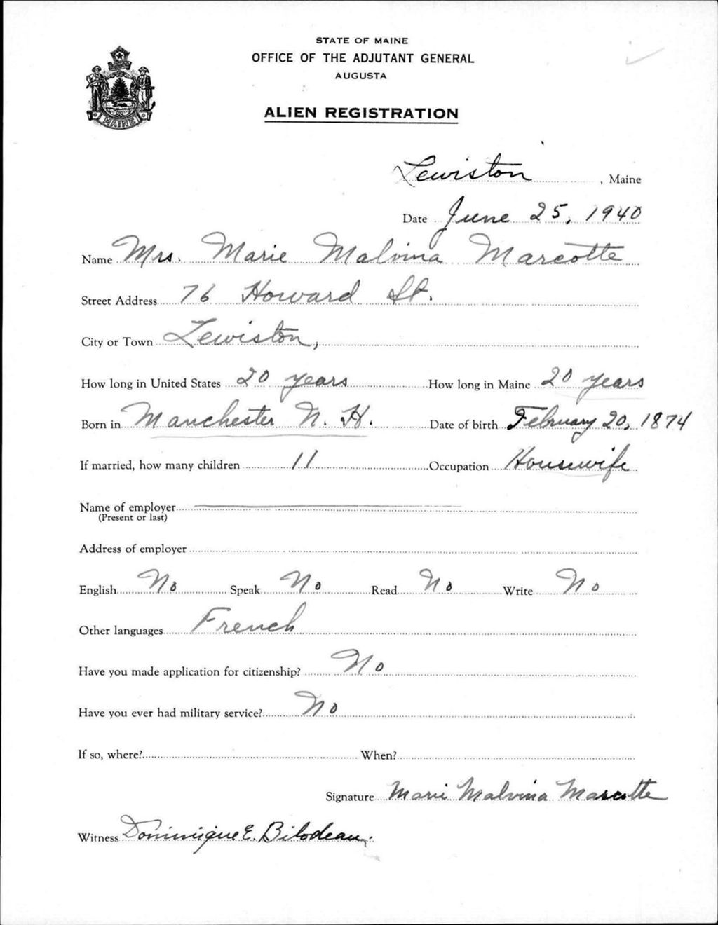 Miniature of Alien Registration- Marcotte, Marie M. (Lewiston, Androscoggin County)