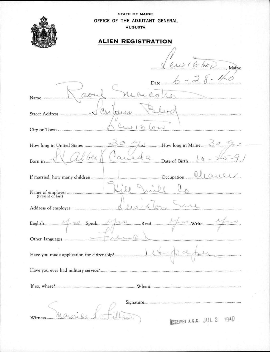 Miniature of Alien Registration- Marcotte, Raoul (Lewiston, Androscoggin County)