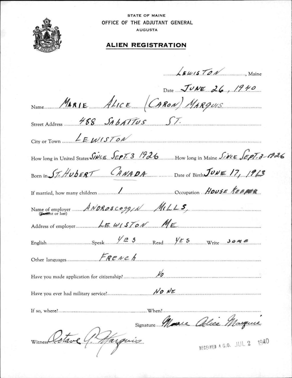 Miniature of Alien Registration- Caron, Marie A. (Lewiston, Androscoggin County)