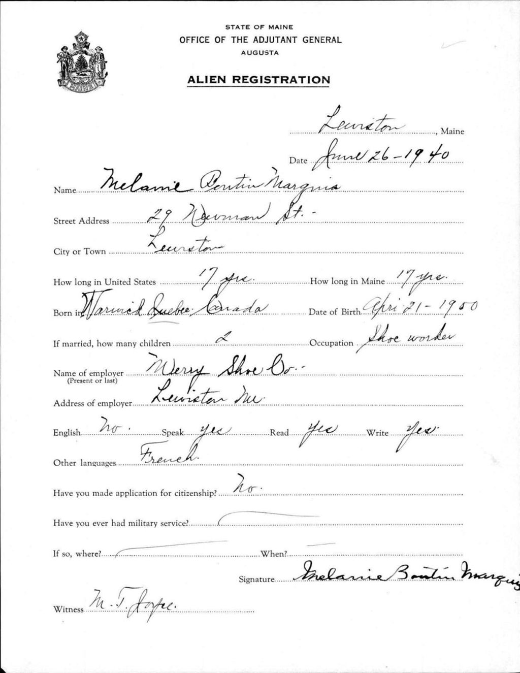 Miniature of Alien Registration- Boutin, Melanie (Lewiston, Androscoggin County)