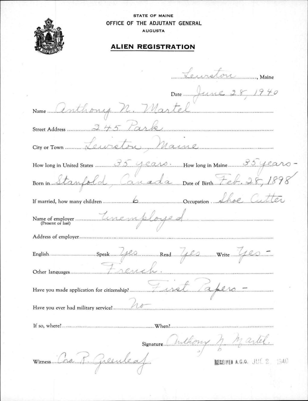 Miniature of Alien Registration- Martel, Anthony N. (Lewiston, Androscoggin County)