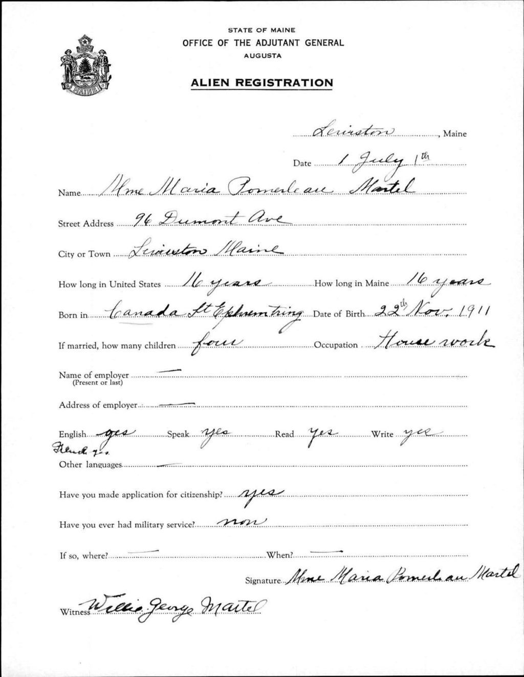 Miniature of Alien Registration- Pomerleau, Maria (Lewiston, Androscoggin County)