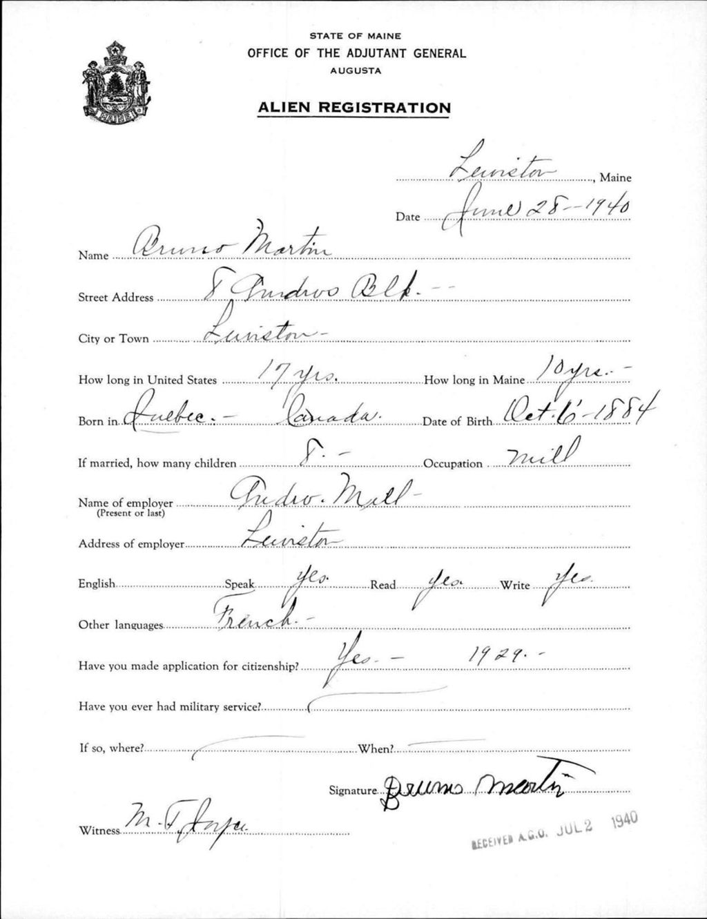 Miniature of Alien Registration- Martin, Bruno (Lewiston, Androscoggin County)