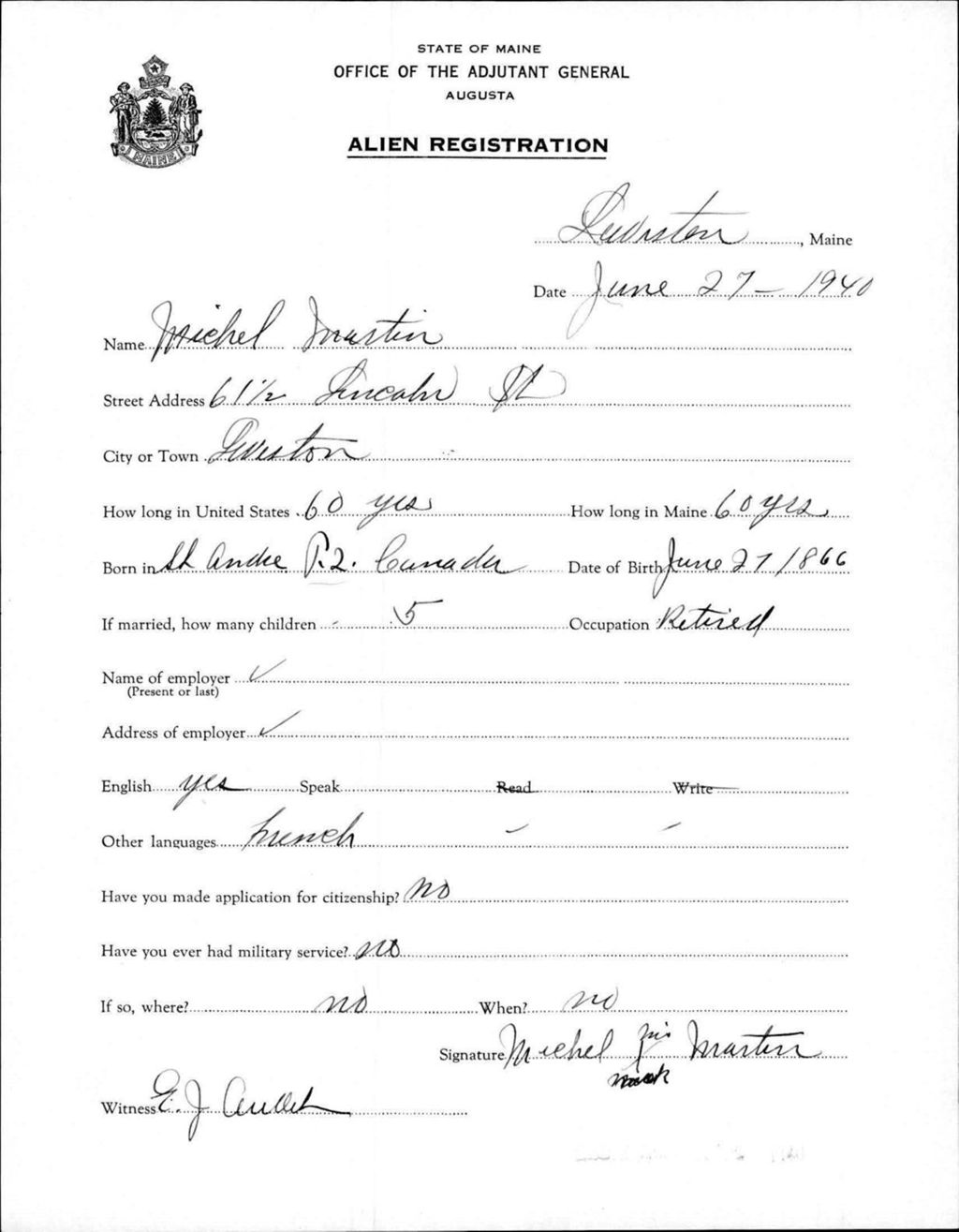 Miniature of Alien Registration- Martin, Michel (Lewiston, Androscoggin County)