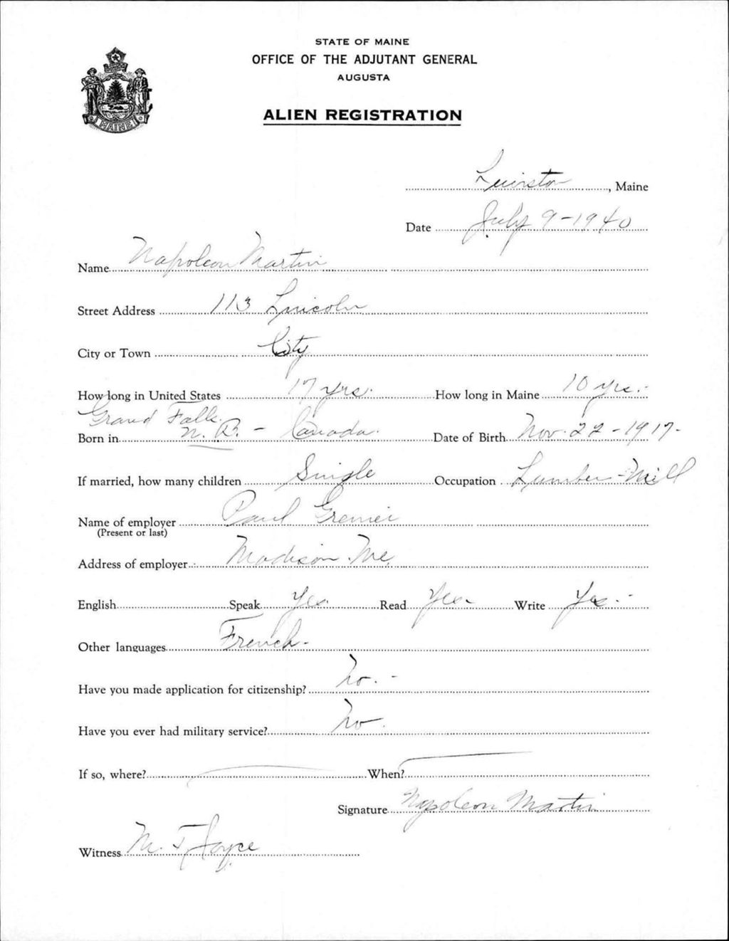 Miniature of Alien Registration- Martin, Napoleon (Lewiston, Androscoggin County)