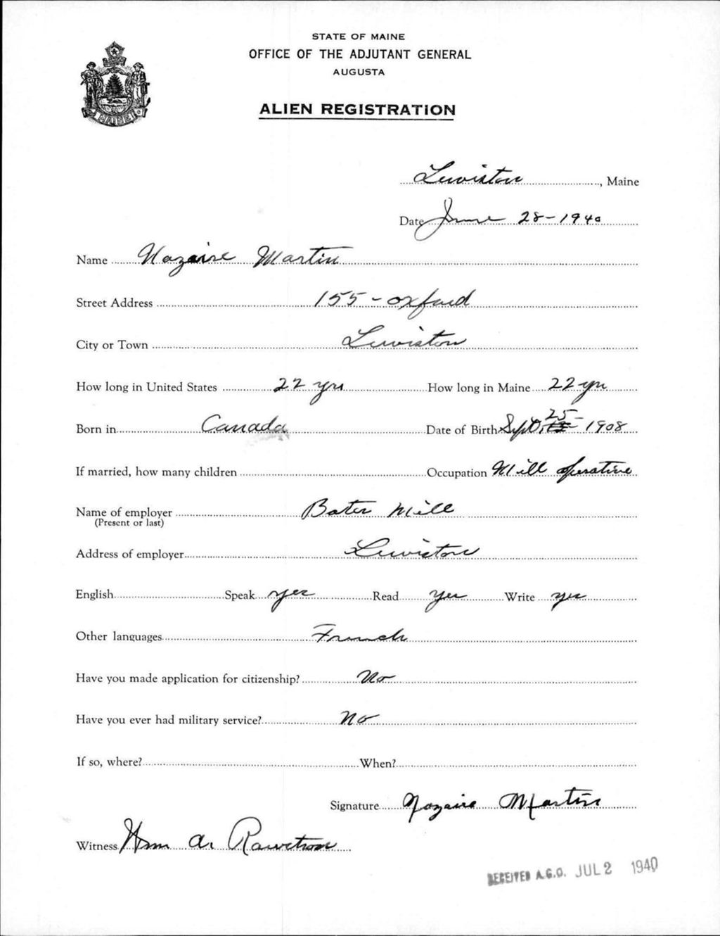 Miniature of Alien Registration- Martin, Nazaire (Lewiston, Androscoggin County)