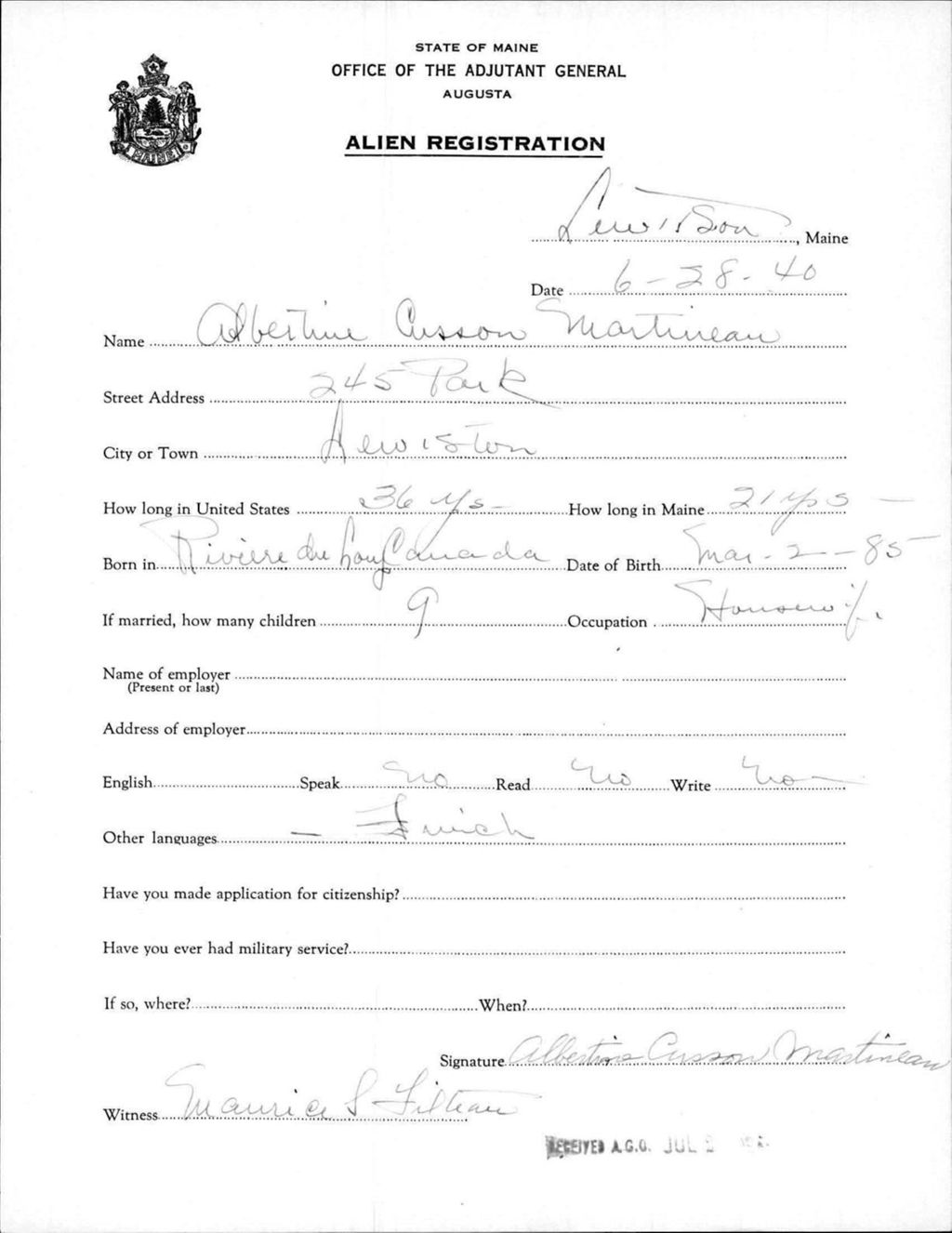 Miniature of Alien Registration- Cusson, Albertine (Lewiston, Androscoggin County)