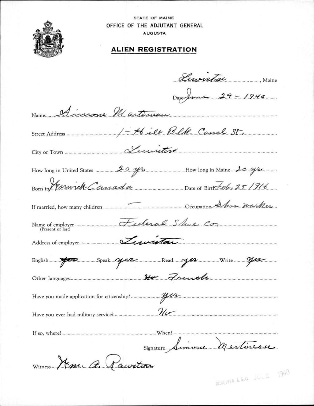 Miniature of Alien Registration- Martineau, Simone (Lewiston, Androscoggin County)